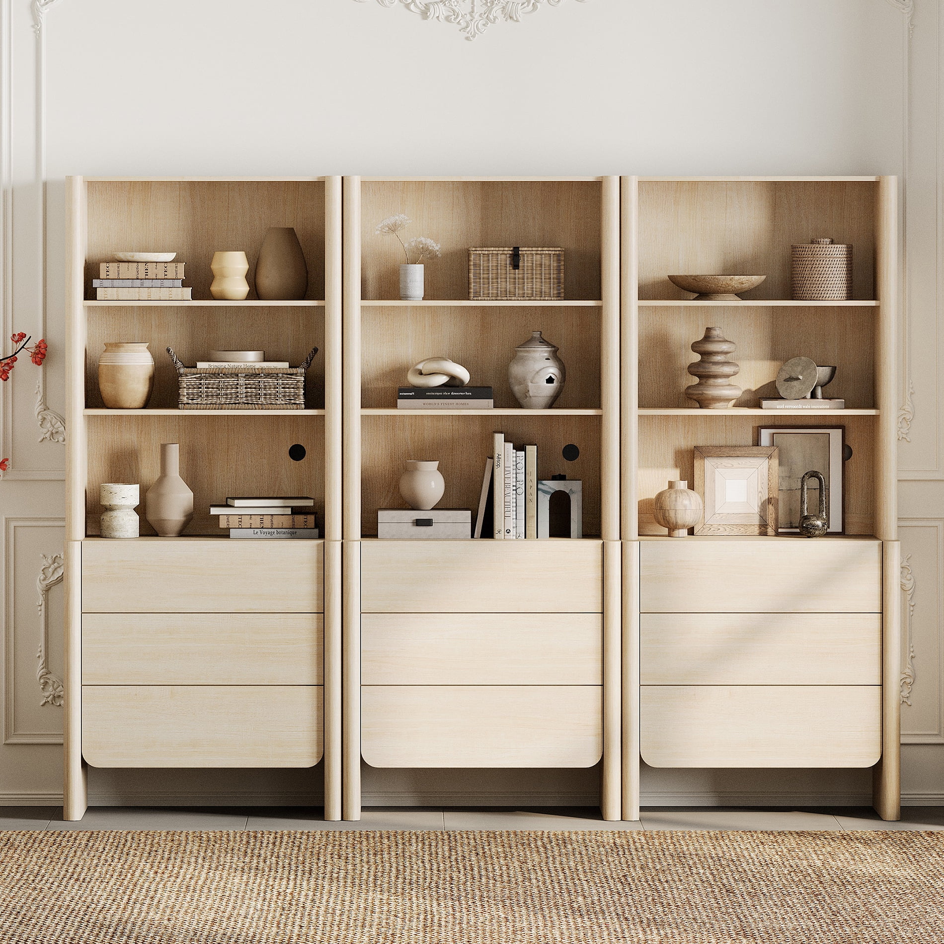 94.5-Inch Modern French Bookcase with Curved Edges, 9 Drawers and Open Shelving, 72.8" Tall, Beige