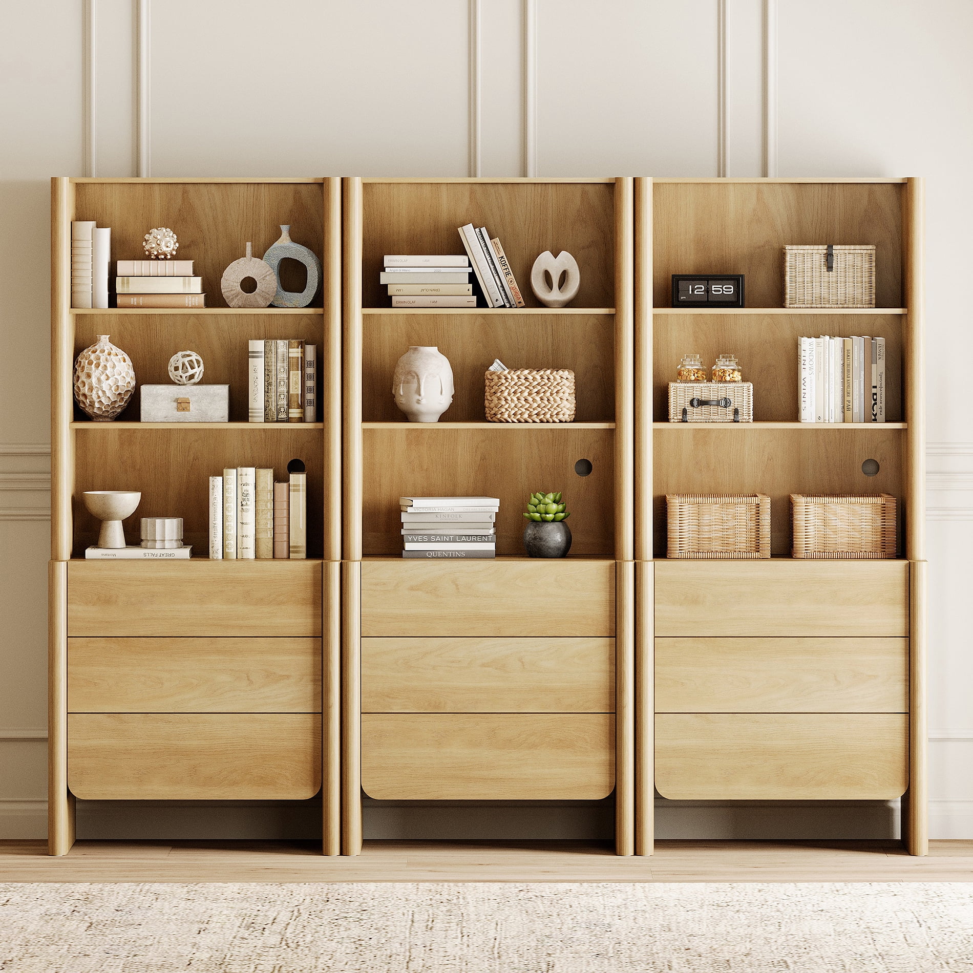 94.5-Inch Modern French Bookcase with Curved Edges, 9 Drawers and Open Shelving, 72.8" Tall, Oak