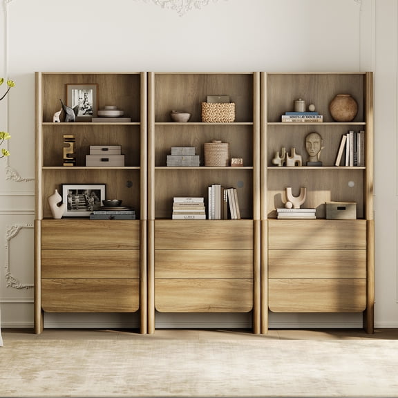 94.5-Inch Modern French Bookcase with Curved Edges, 9 Drawers and Open Shelving, 72.8" Tall, Walnut