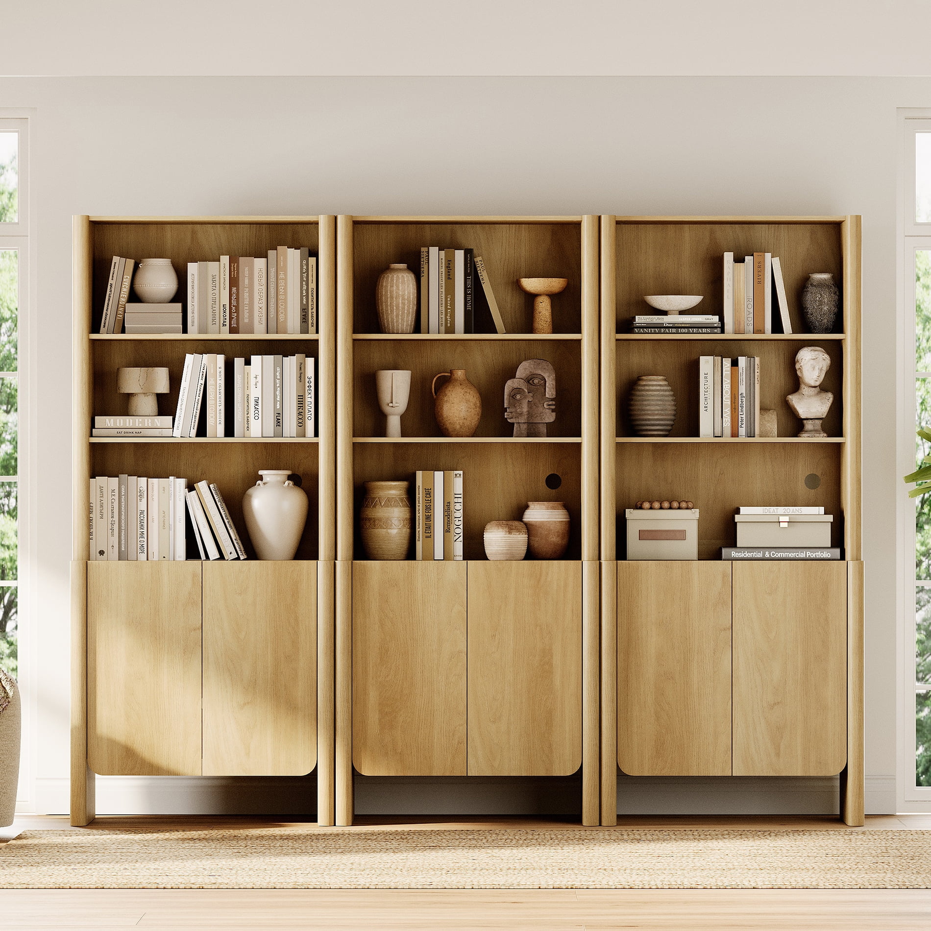 94.5-Inch Modern French Bookcase with Curved Edges, Doors and Open Shelves, 72.8" Tall, Oak