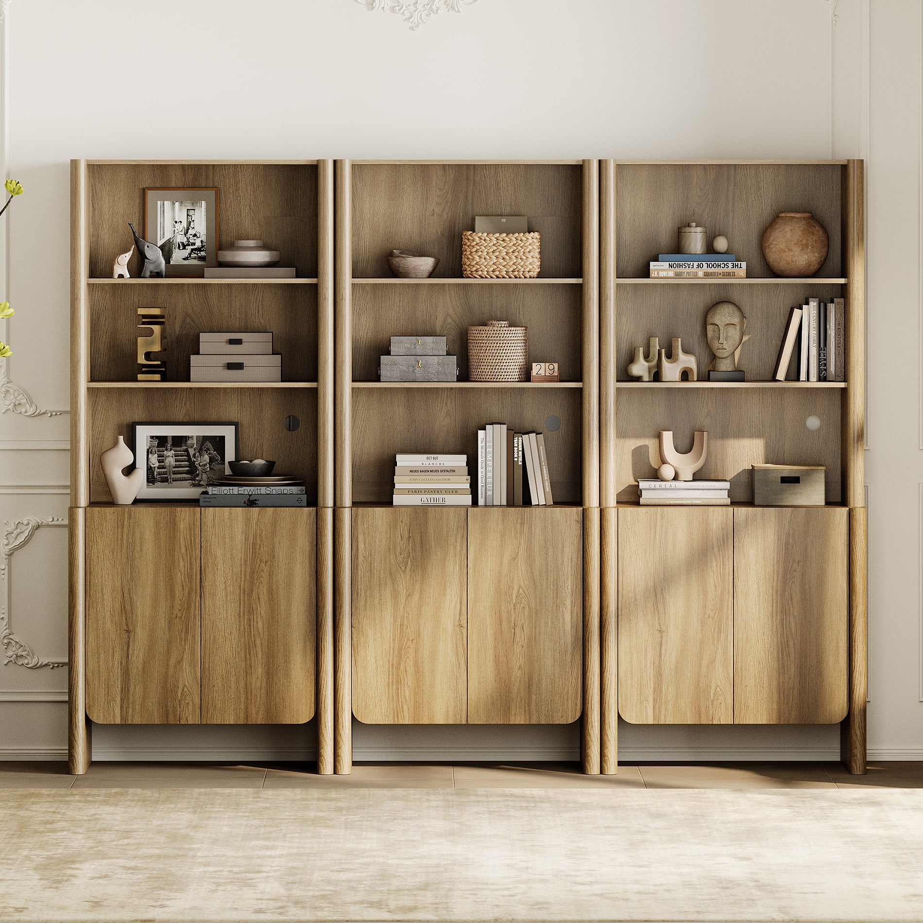 94.5-Inch Modern French Bookcase with Curved Edges, Doors and Open Shelves, 72.8" Tall, Walnut