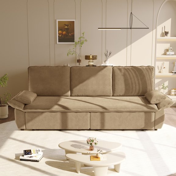 94.5" King Size Pull Out Sofa Bed, 3-in-1 Convertible Sleeper Sofa, Corduroy Bed for Living Room,Camel