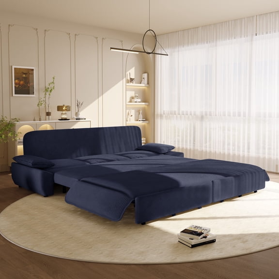 94.5" King Size Pull Out Sofa Bed, 3-in-1 Convertible Sleeper Sofa, Multi-Functional Corduroy Bed (Blue)