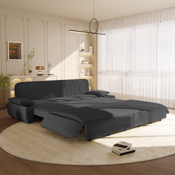 94.5" King Size Pull Out Sofa Bed, 3-in-1 Convertible Sleeper Sofa, Multi-Functional Corduroy Bed (Gray)