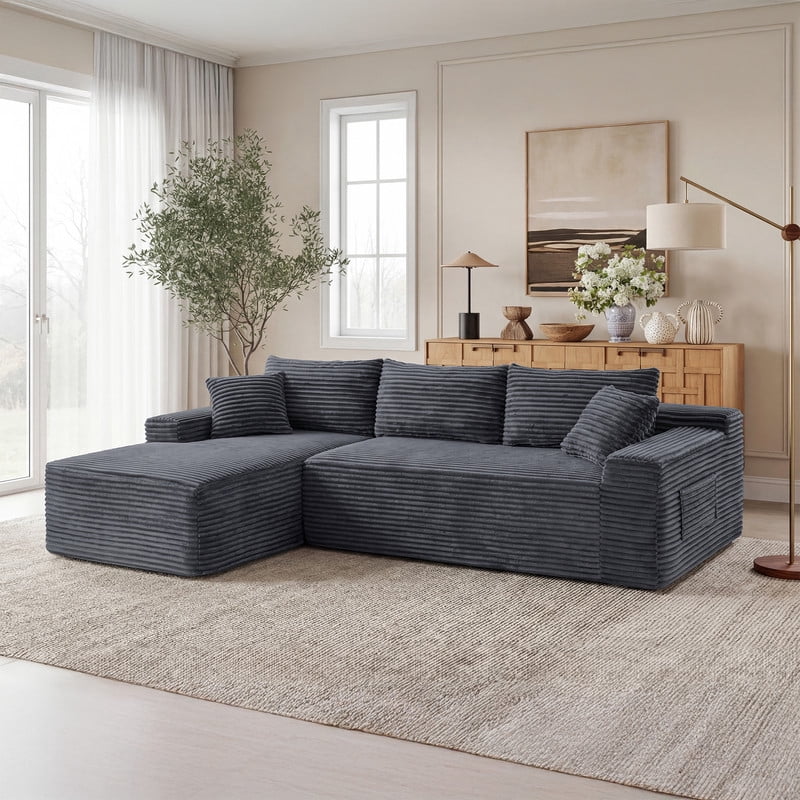94.5" L-Shaped Modular Sectional Sofa Set with Chaise, No Assembly Required Upholstered Floor Couch, Corduroy 4-Seat Sofa