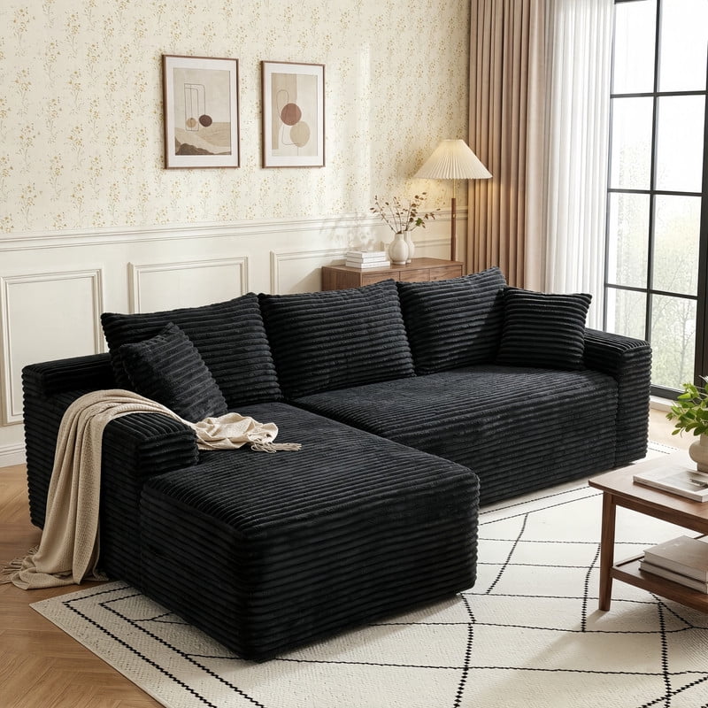 94.5" L-Shaped Modular Sectional Sofa Set with Chaise, No Assembly Required Upholstered Floor Couch, Corduroy 4-Seat Sofa