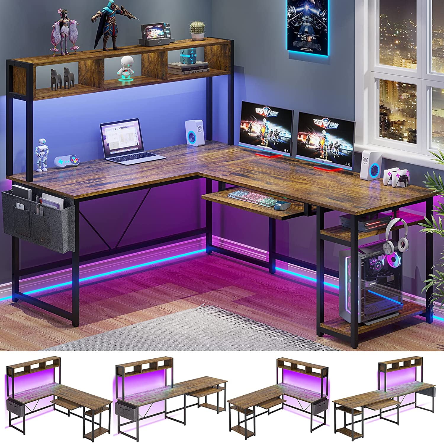 94.5" L Shaped Office Desk with Led Lights, Reversible Corner Compute