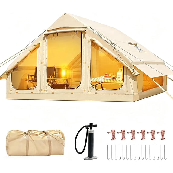 Lilypelle 4-6 Person TPU Inflatable Hot Tent with Stove Jack, 4-Season Waterproof Camping Glamping House, Quick 5-Min Setup with Hand Pump, Featuring 420D UPF50+ Oxford Fabric & Mesh Windows