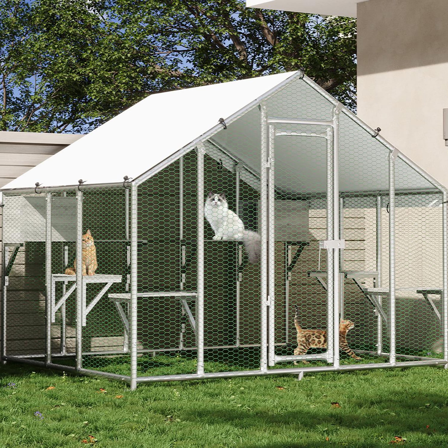 94.5" Large Outdoor Cat Enclosure (Catio) – Walk-In Design with 7 Platforms & 2 Condos