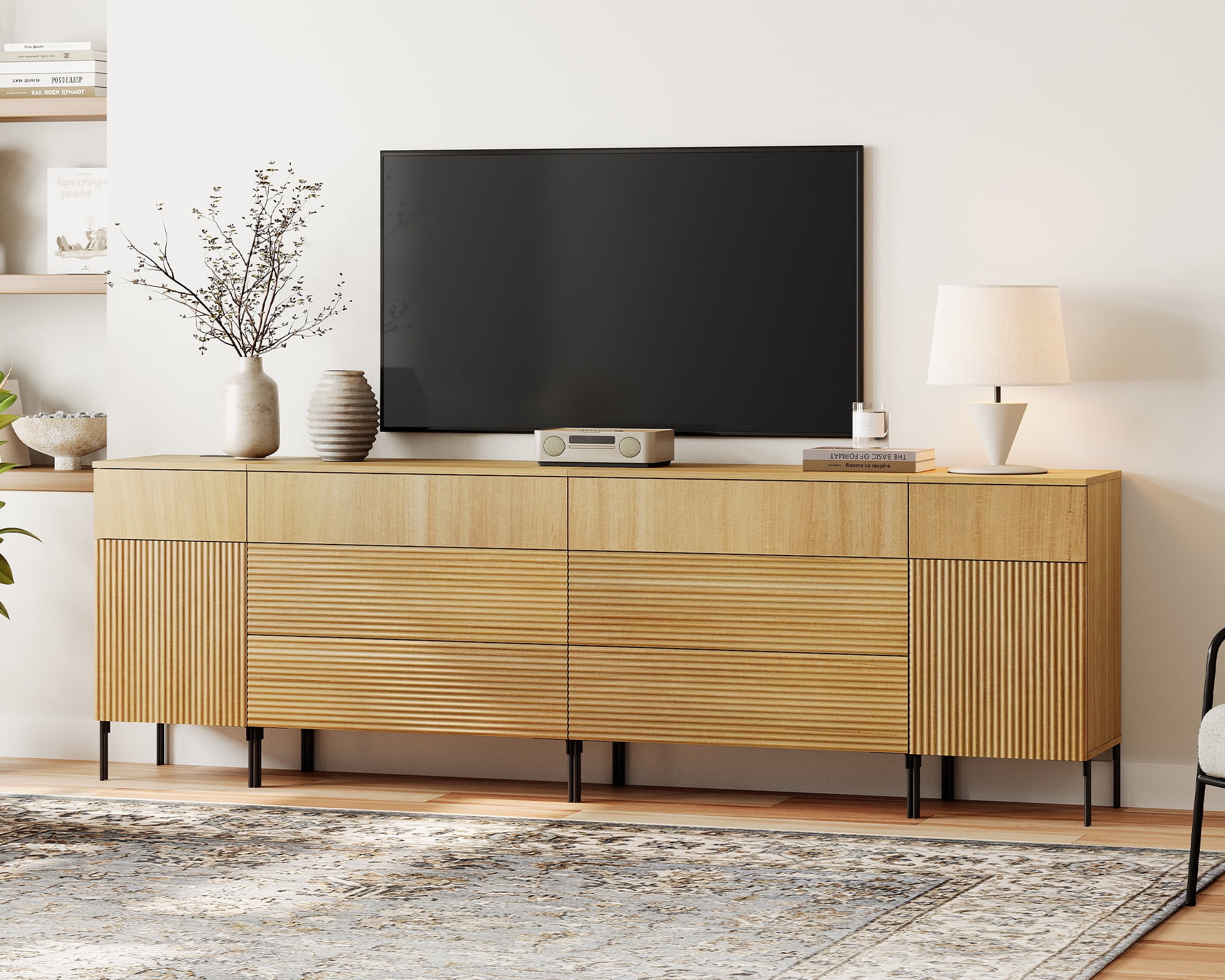 94.5" Long Modern Reeded Dresser TV Stand with Drawers, Entertainment Center with Charging Station, Wooden TV Console with Storage for Living Room