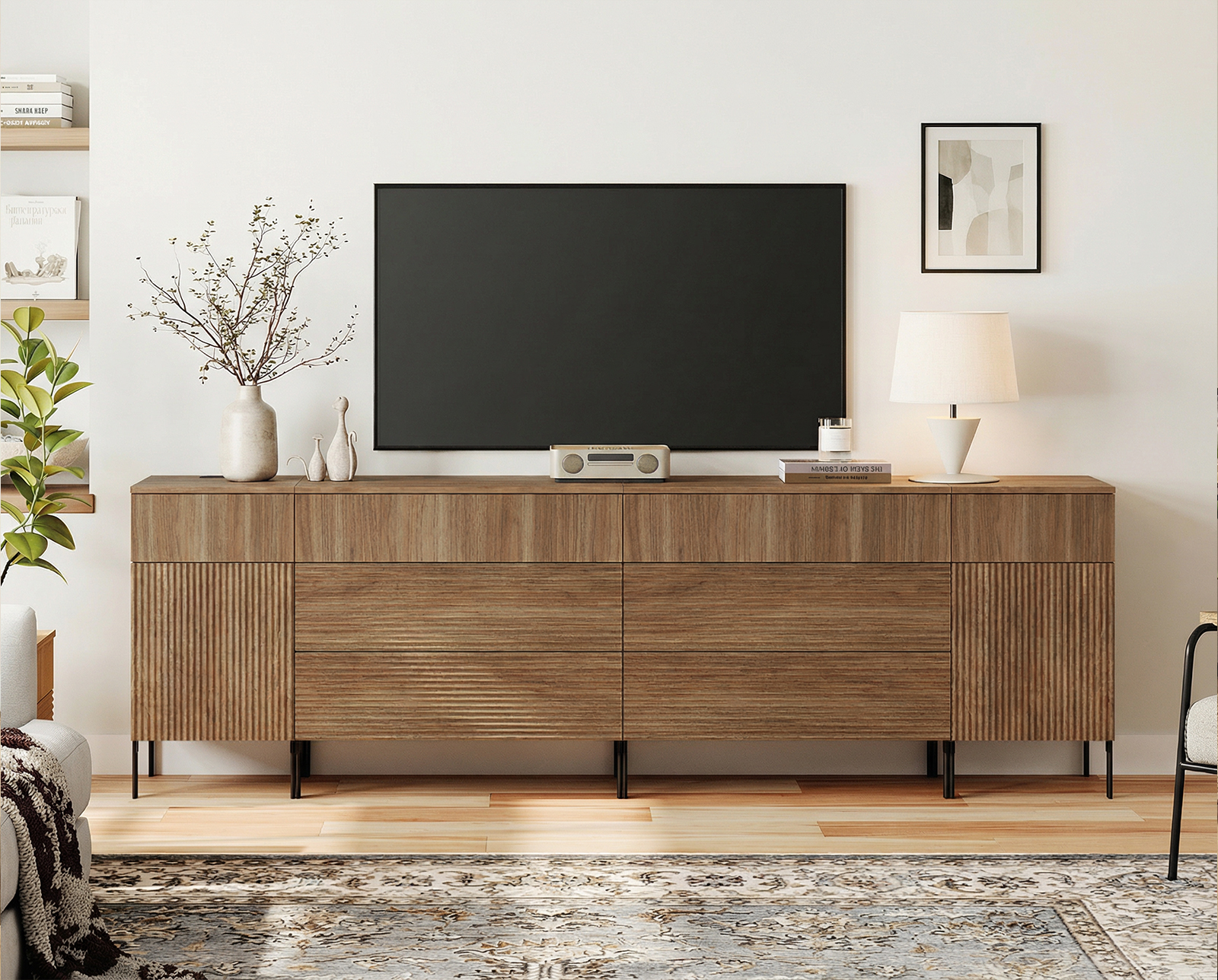 94.5" Long Modern Reeded Dresser TV Stand with Drawers, Entertainment Center with Charging Station, Wooden TV Console with Storage for Living Room