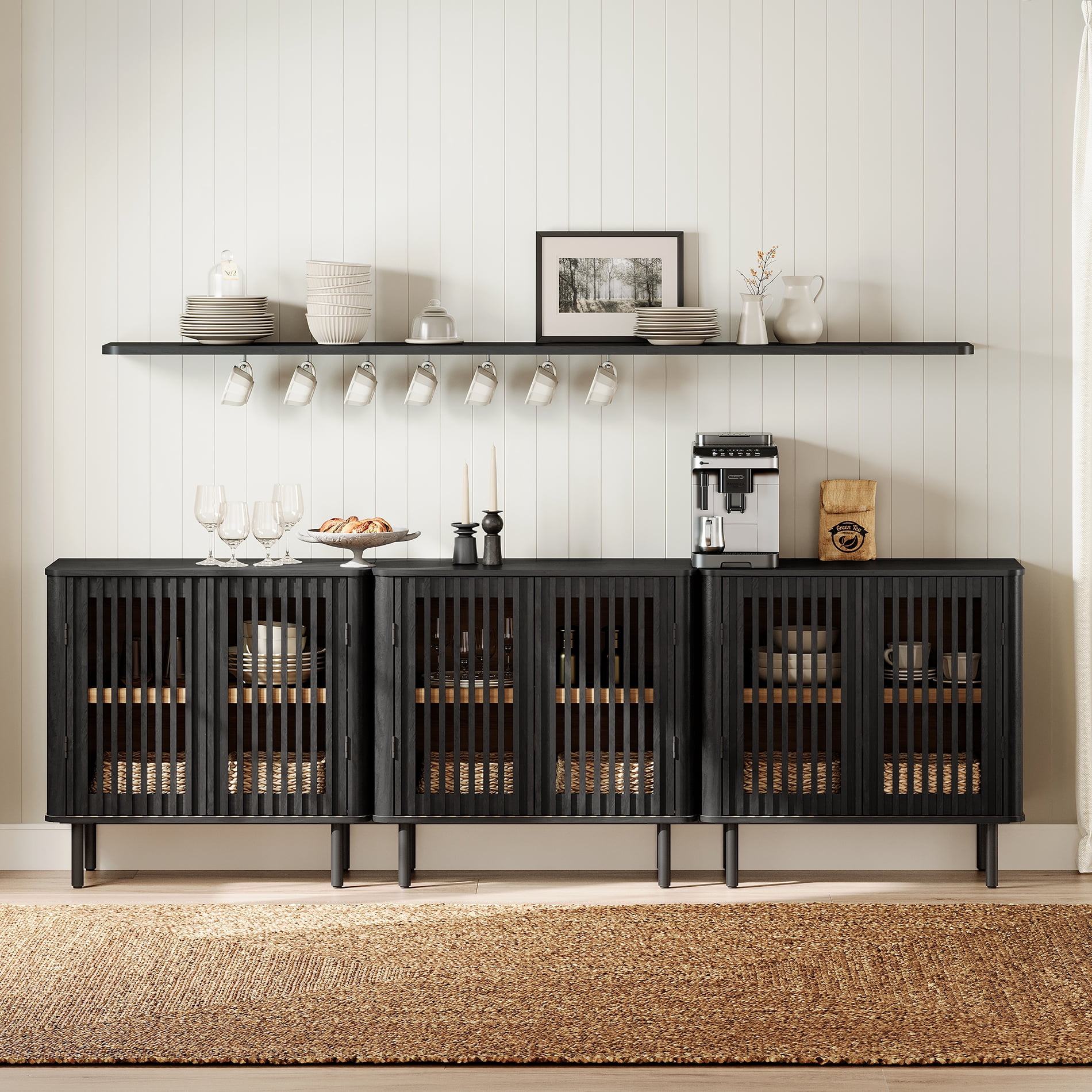 94.5" Mid Century Modern Sideboard Buffet Cabinet with Storage, Black