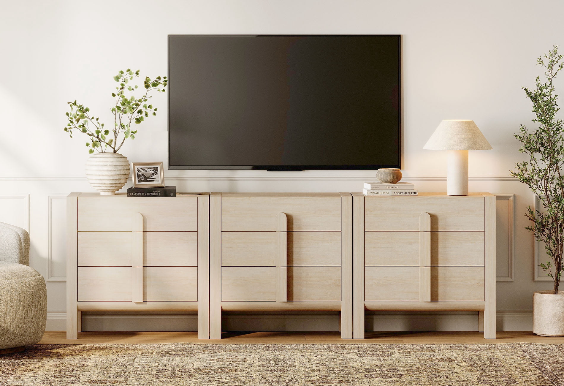 94.5" Mid-Century Modern TV Stand, 3-In-1 Dresser with 9 Drawers, Wooden TV Console with Storage for Living Room,Bedroom