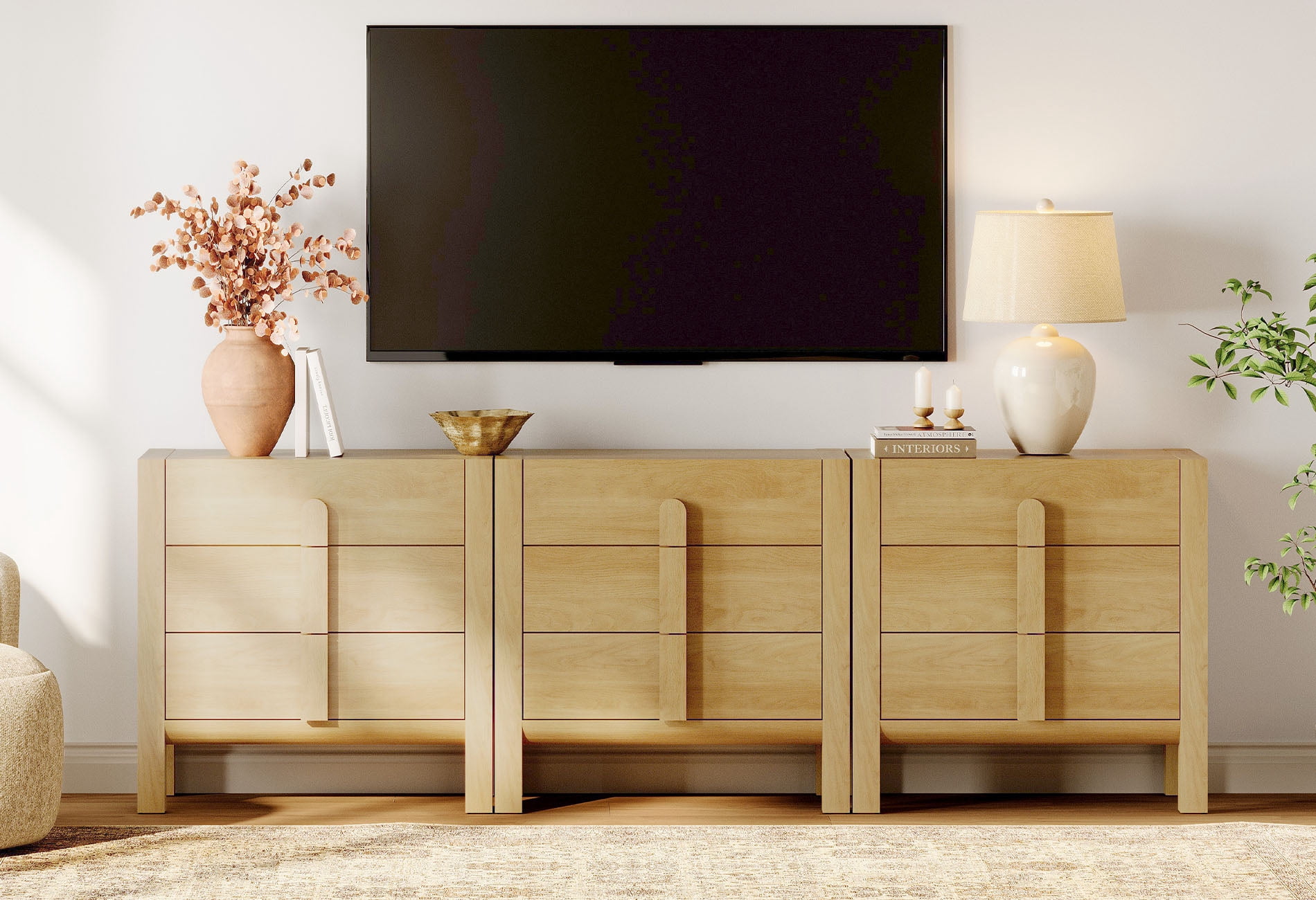 94.5" Mid-Century Modern TV Stand, 3-In-1 Dresser with 9 Drawers, Wooden TV Console with Storage for Living Room,Bedroom