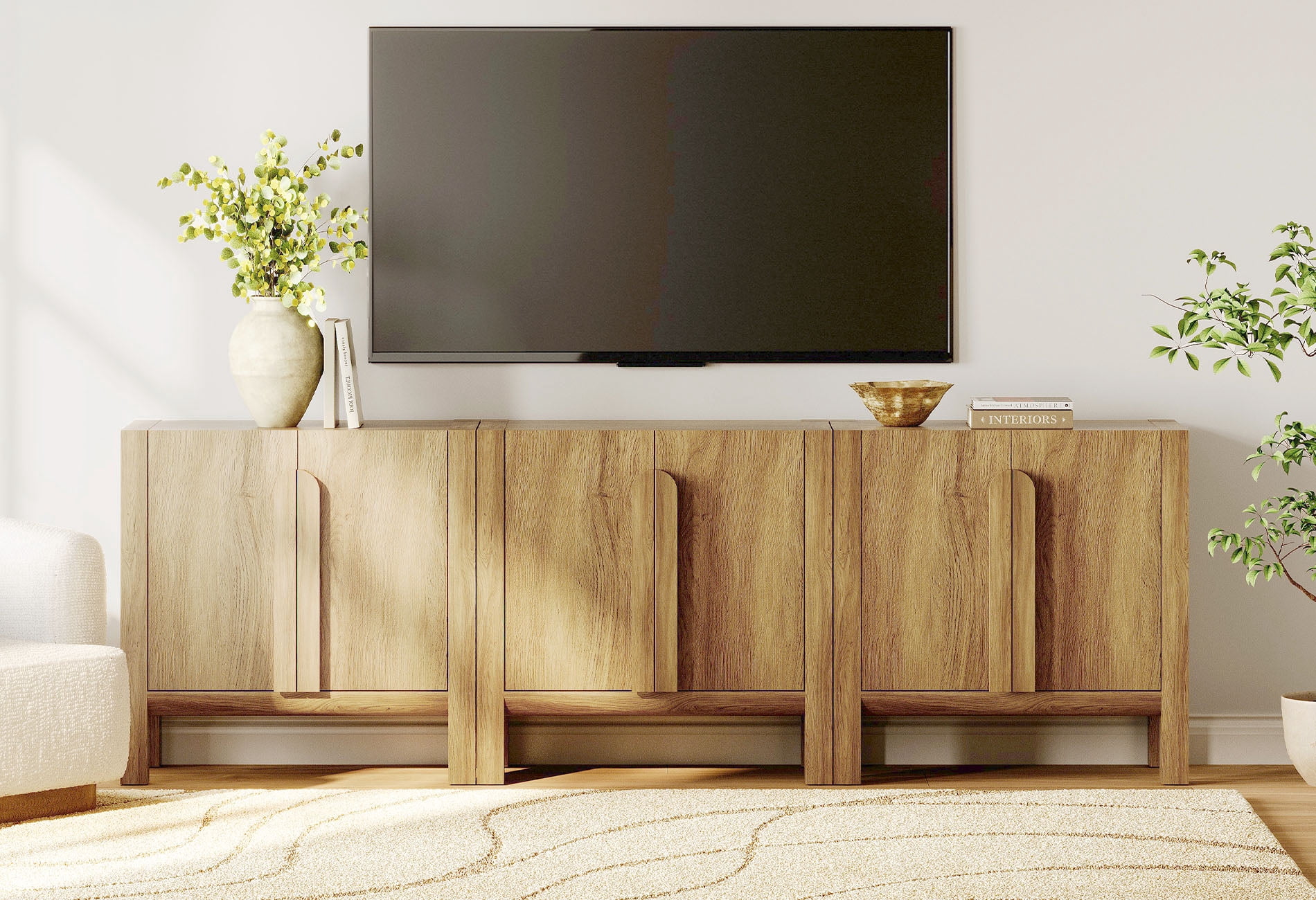 94.5" Mid-Century Modern TV Stand with Storage, 3-In-1 Entertainment Center with 6 Doors and Adjustable Shelves,Wooden TV Console for Living Room