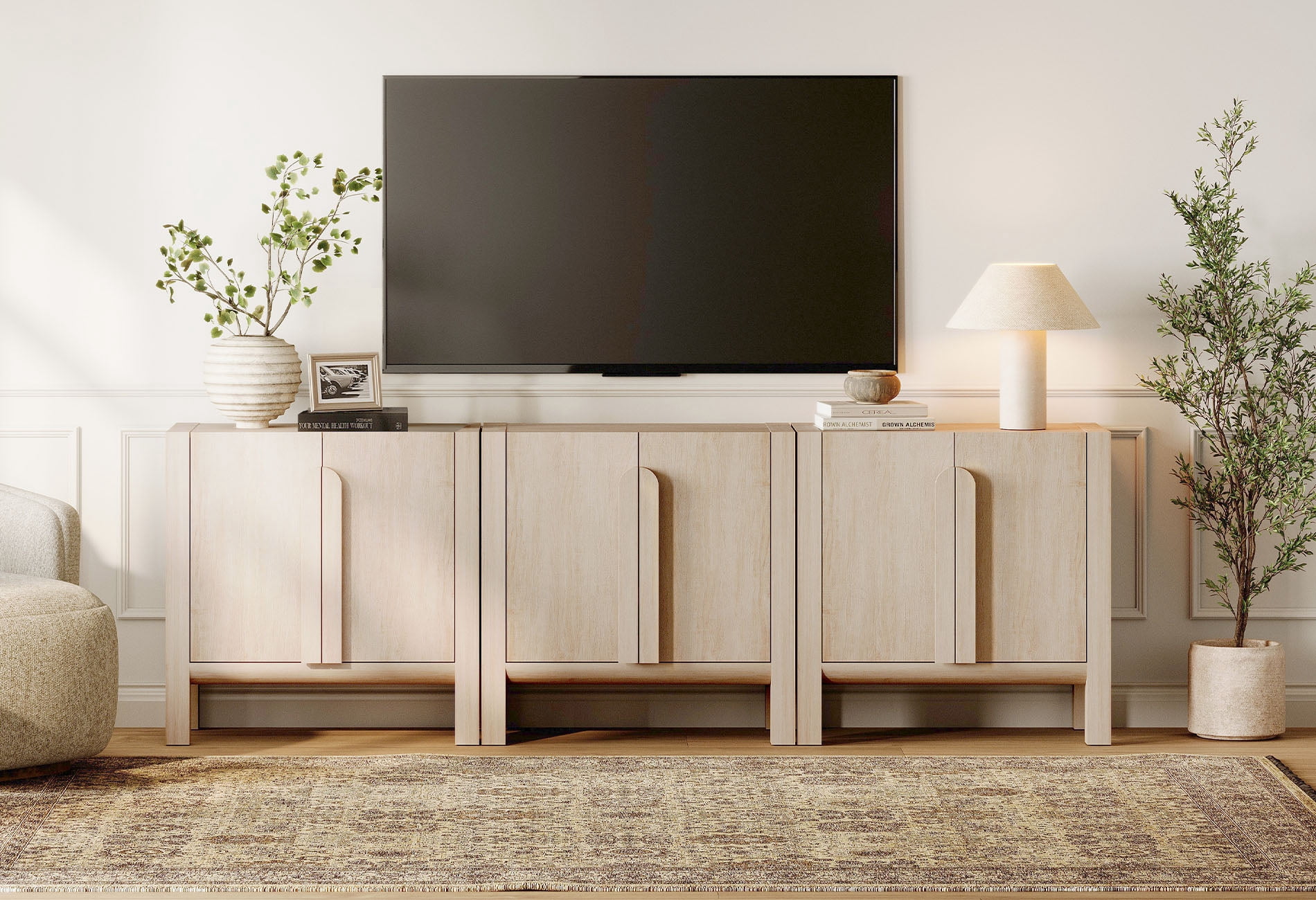94.5" Mid-Century Modern TV Stand with Storage, 3-In-1 Entertainment Center with 6 Doors and Adjustable Shelves,Wooden TV Console for Living Room