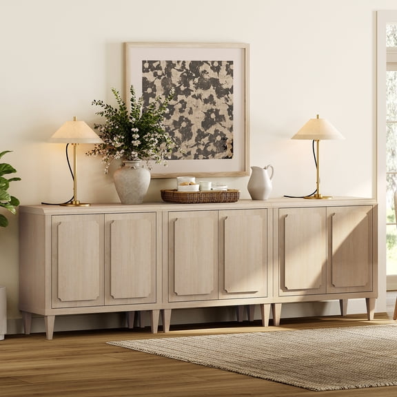 94.5" Modern Buffet Cabinet with Storage, Oak Kitchen Sideboard with Embossed Doors, Light Oak