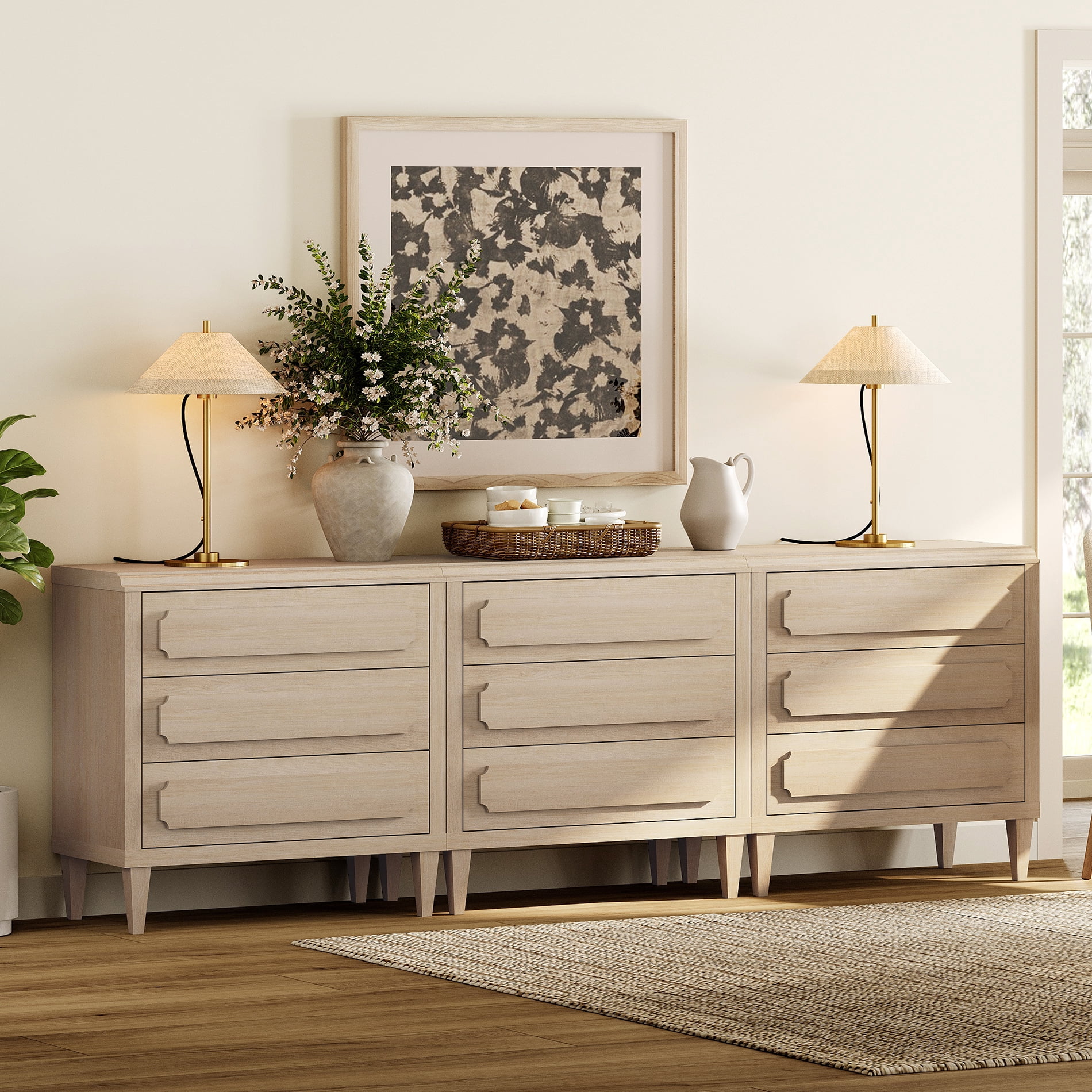 94.5" Modern Buffet Cabinet with Storage, Oak Kitchen Sideboard with Embossed Drawers, Light Oak