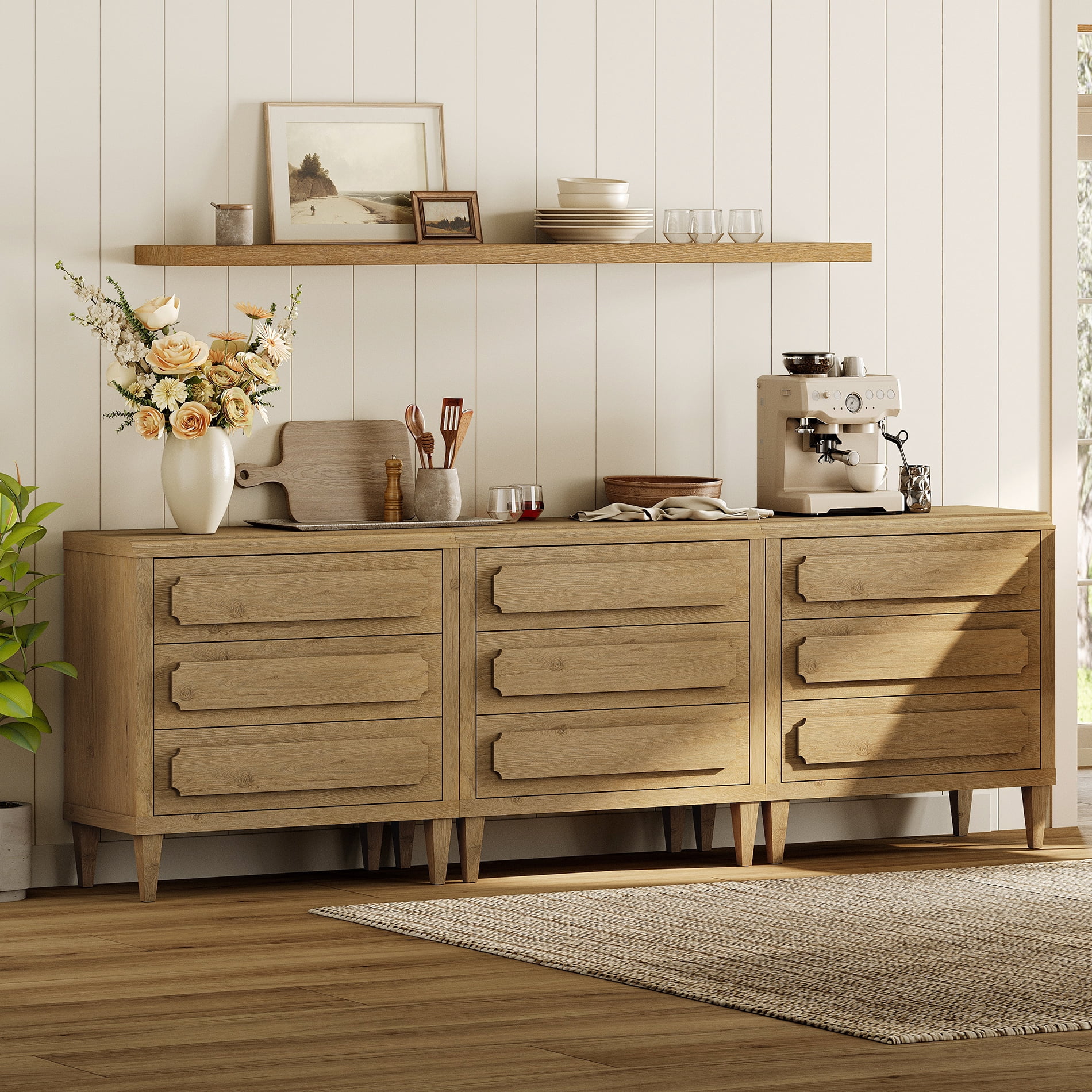 94.5" Modern Buffet Cabinet with Storage, Oak Kitchen Sideboard with Embossed Drawers, Oak