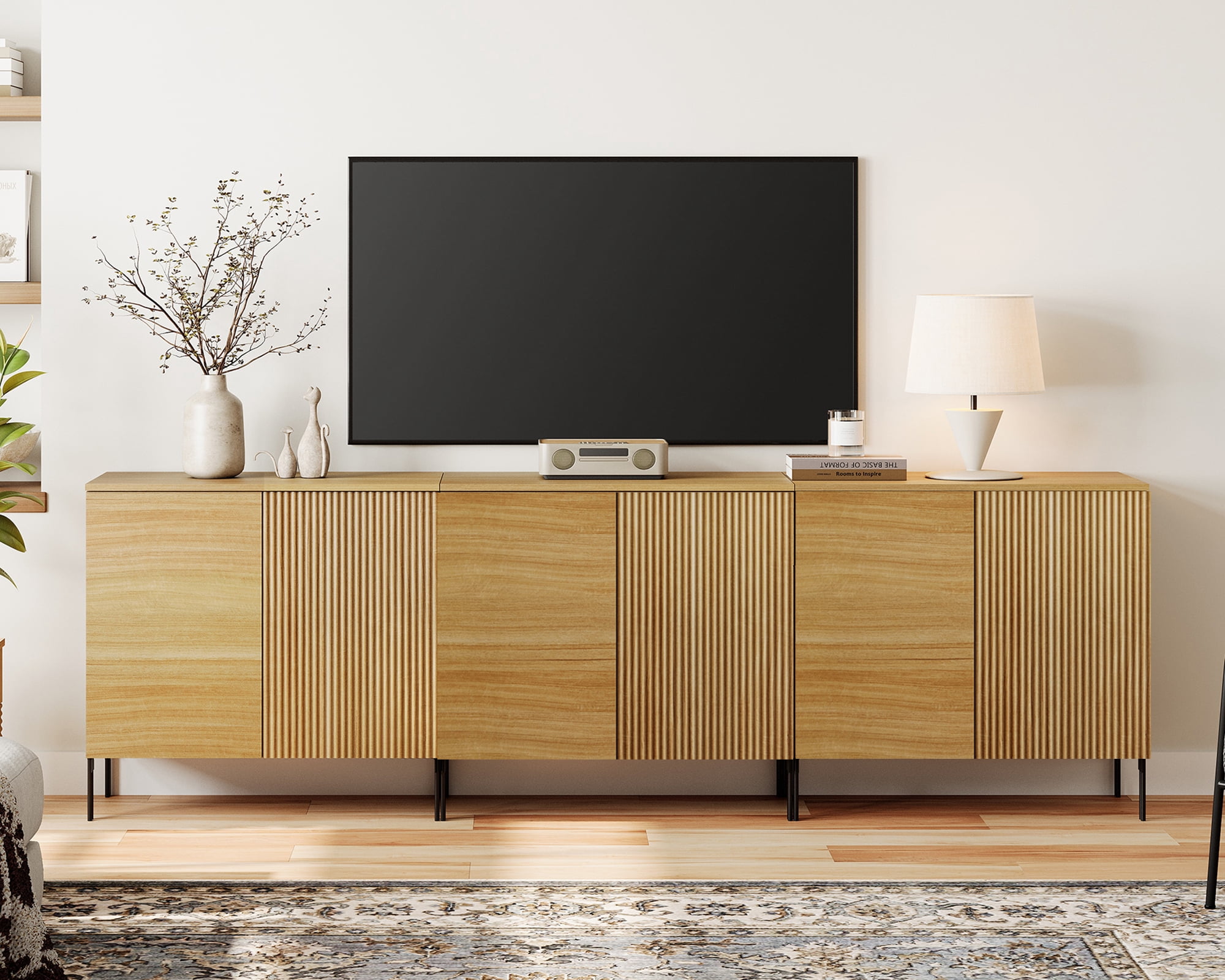 94.5" Modern Fluted TV Stand with 6 Doors, Entertainment Center with Adjustable Shelf, Wooden TV Console with Storage for Living Room