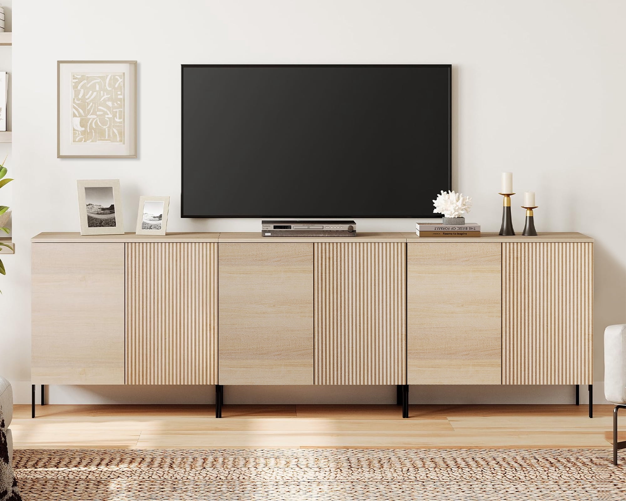 94.5" Modern Fluted TV Stand with 6 Doors, Entertainment Center with Adjustable Shelf, Wooden TV Console with Storage for Living Room