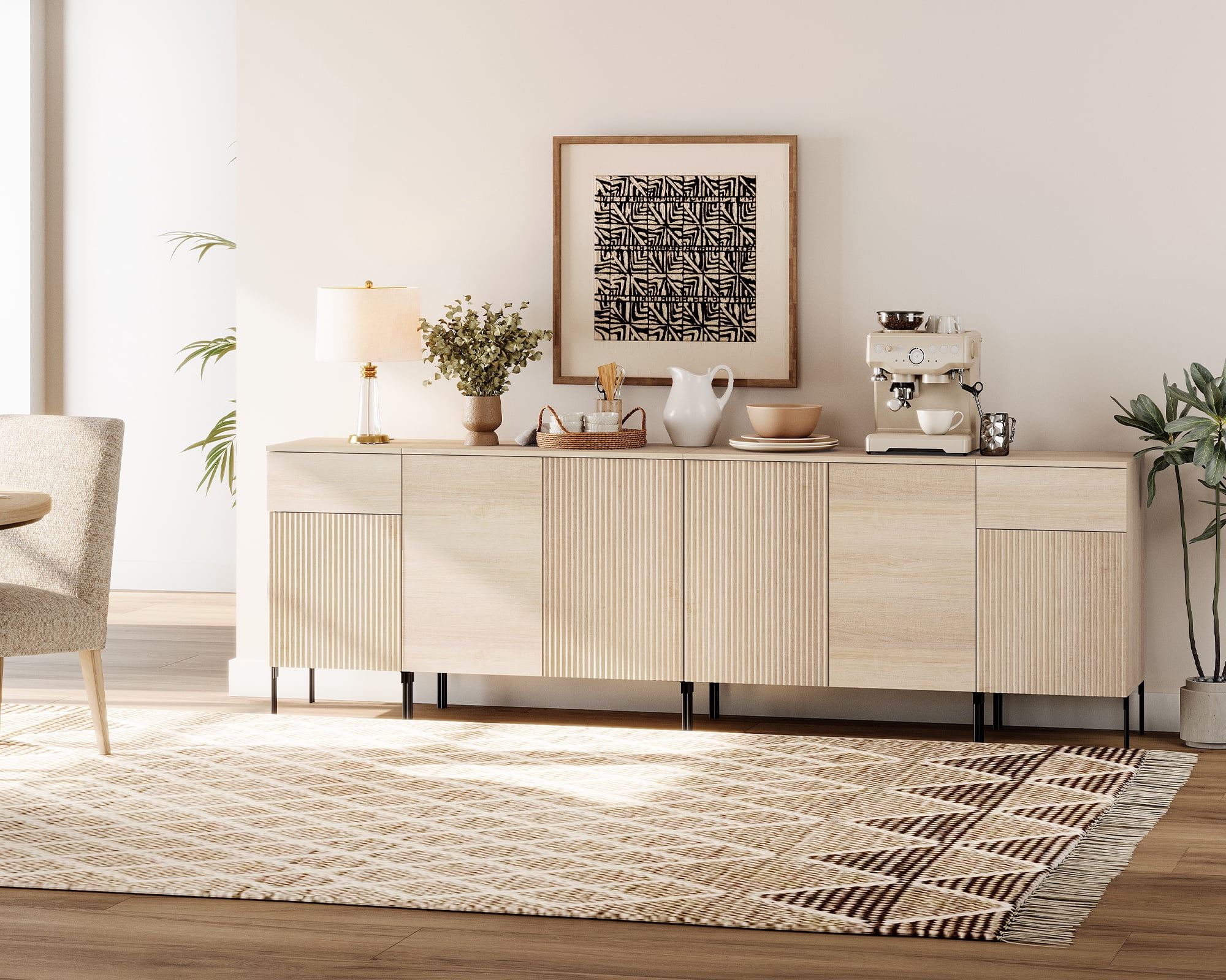 94.5" Modern Reeded 4-Door Sideboard with Charging, 4-In-1 Wooden Credenza Storage Cabinet for Kitchen, Dining Room