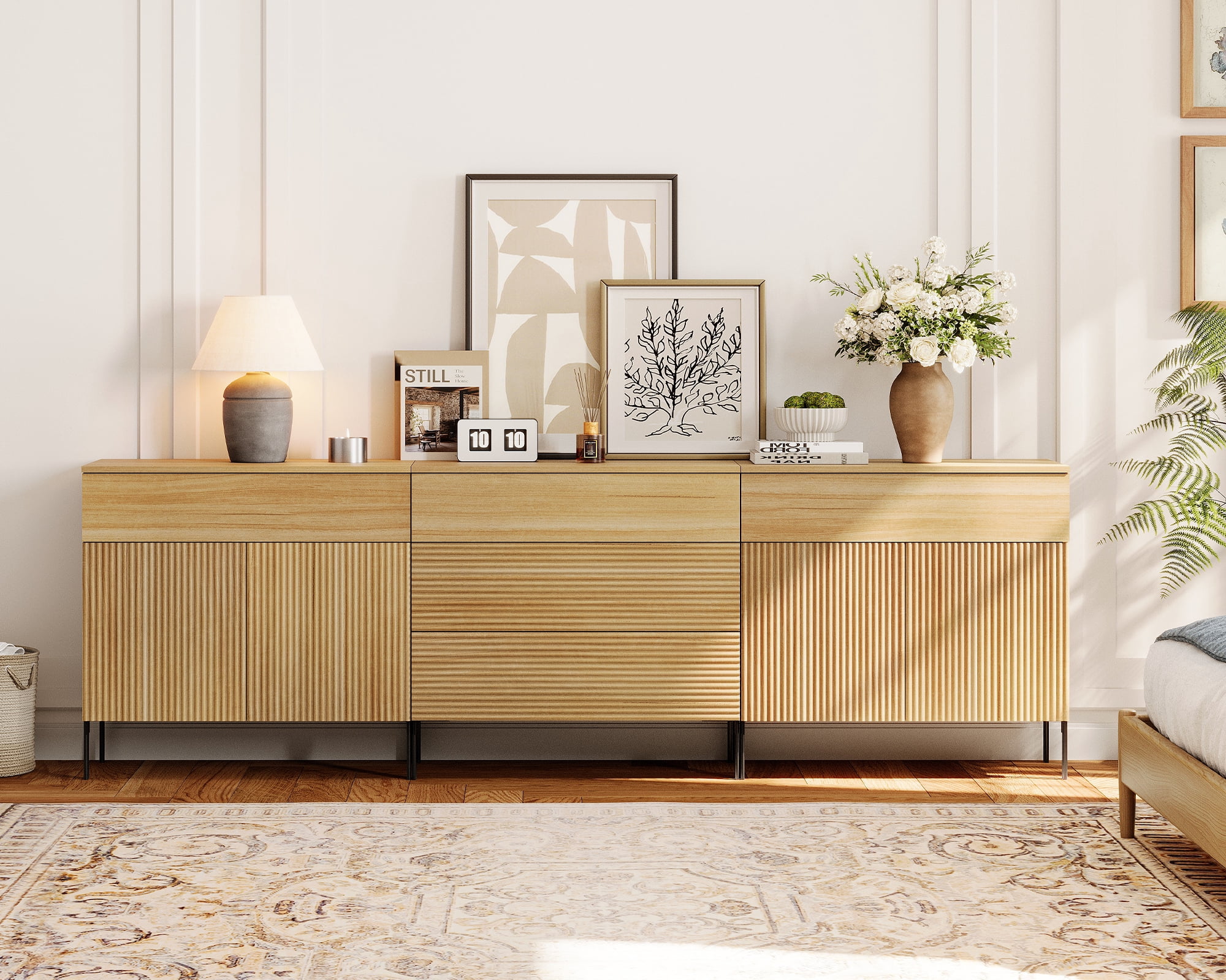 94.5" Modern Reeded 5-Drawer Dresser Set for Bedroom, Minimalist Chest of Drawers with Storage, Wooden Dresser for Living Room, Bedroom, Entryway