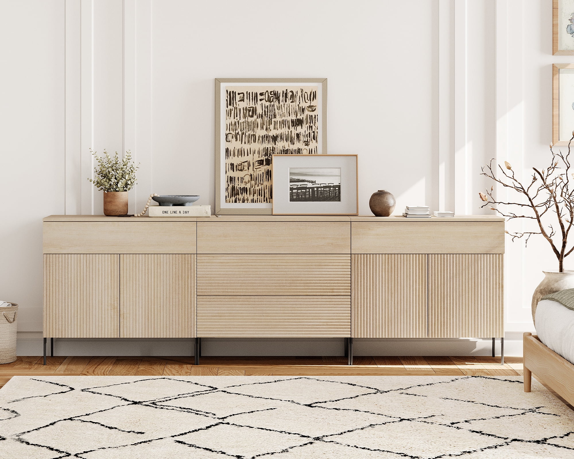 94.5" Modern Reeded 5-Drawer Dresser Set for Bedroom, Minimalist Chest of Drawers with Storage, Wooden Dresser for Living Room, Bedroom, Entryway