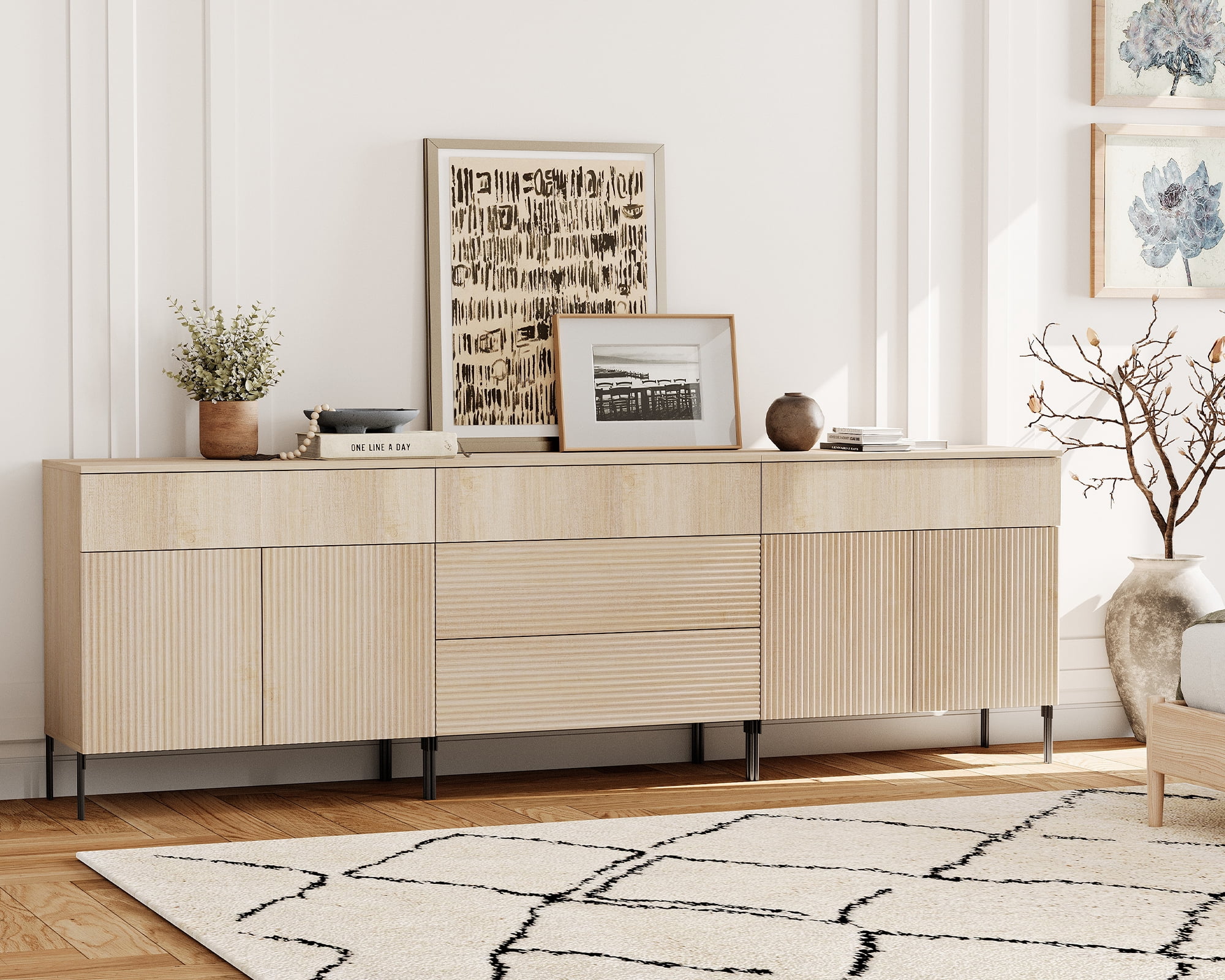 94.5" Modern Reeded 5-Drawer Dresser Set for Bedroom, Minimalist Chest of Drawers with Storage, Wooden Dresser for Living Room, Bedroom, Entryway