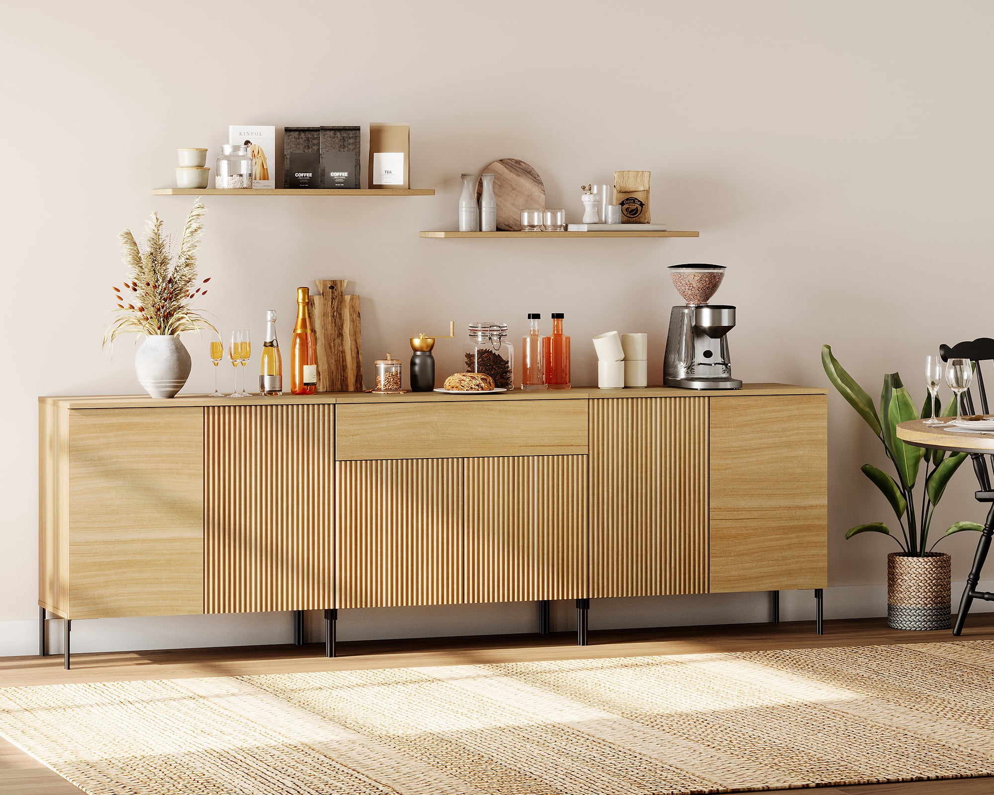 94.5" Modern Reeded 6-Door Sideboard with Drawers, 3-In-1 Wooden Credenza Storage Cabinet for Kitchen, Dining Room