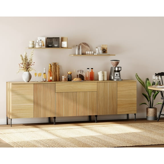 94.5" Modern Reeded 6-Door Sideboard with Drawers, 3-In-1 Wooden Credenza Storage Cabinet for Kitchen, Dining Room