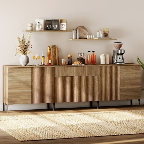 94.5" Modern Reeded 6-Door Sideboard with Drawers, 3-In-1 Wooden Credenza Storage Cabinet for Kitchen, Dining Room