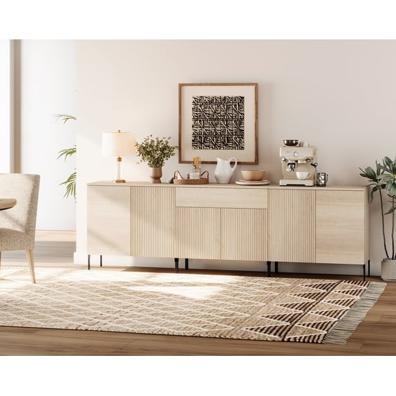 94.5" Modern Reeded 6-Door Sideboard with Drawers, 3-In-1 Wooden Credenza Storage Cabinet for Kitchen, Dining Room
