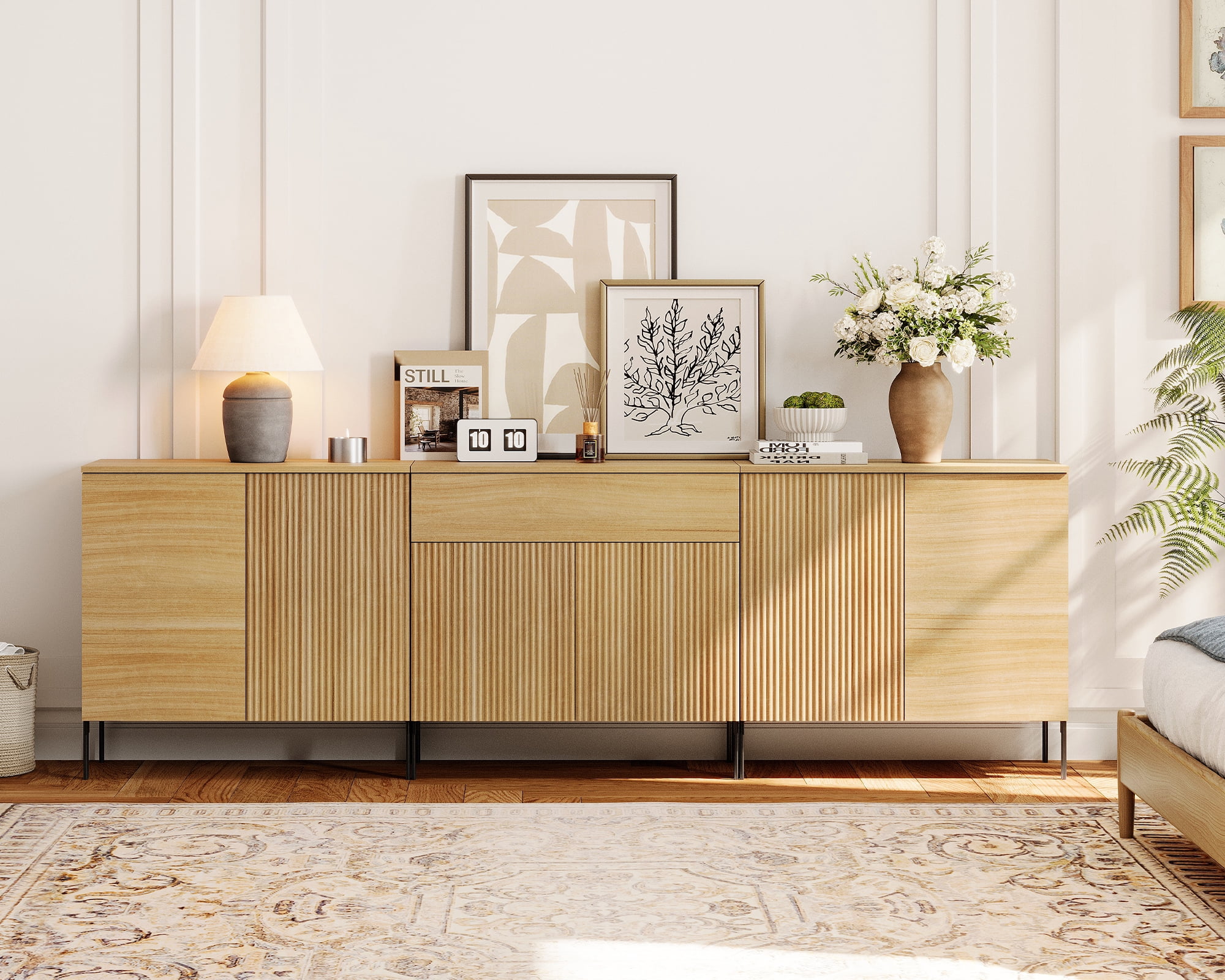 94.5" Modern Reeded Drawer Dresser Set with Doors for Bedroom, Minimalist Chest of Drawers with Storage, Wooden Dresser for Living Room, Bedroom, Entryway