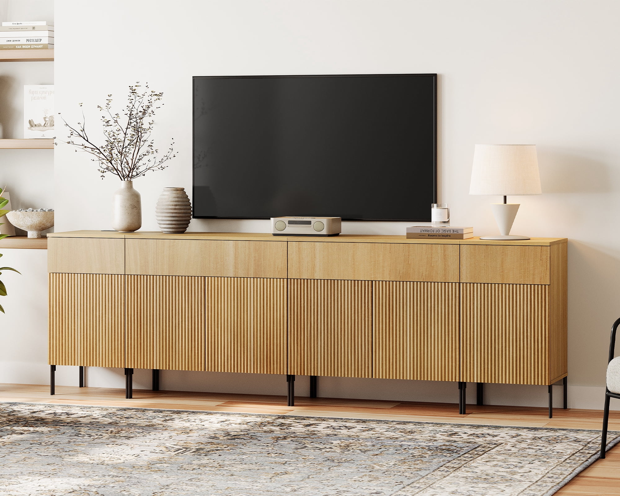94.5" Modern Reeded Dresser TV Stand for TVs up to 100 Inch, Entertainment Center with Charging Station, Wooden TV Console with Storage for Living Room