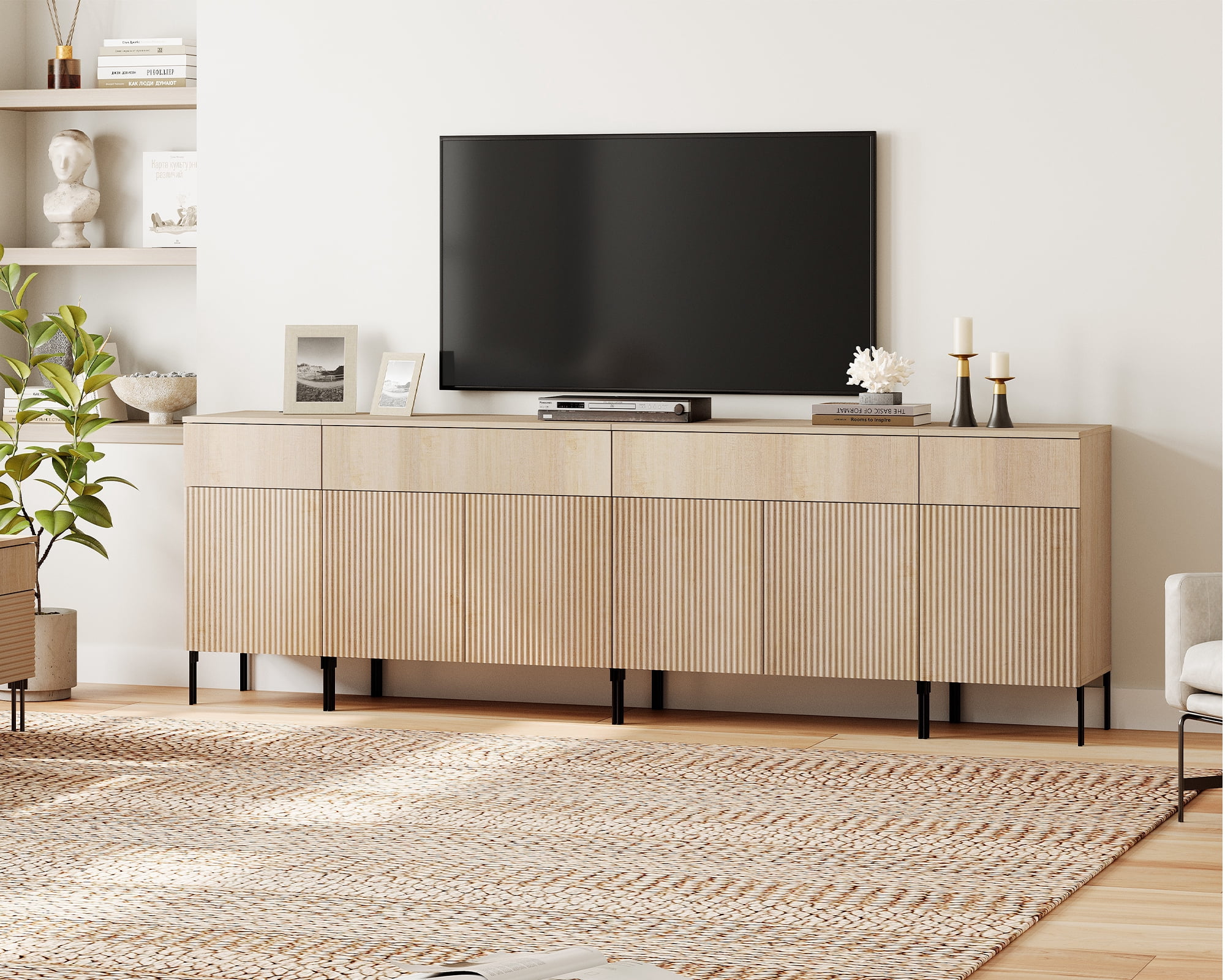 94.5" Modern Reeded Dresser TV Stand for TVs up to 100 Inch, Entertainment Center with Charging Station, Wooden TV Console with Storage for Living Room