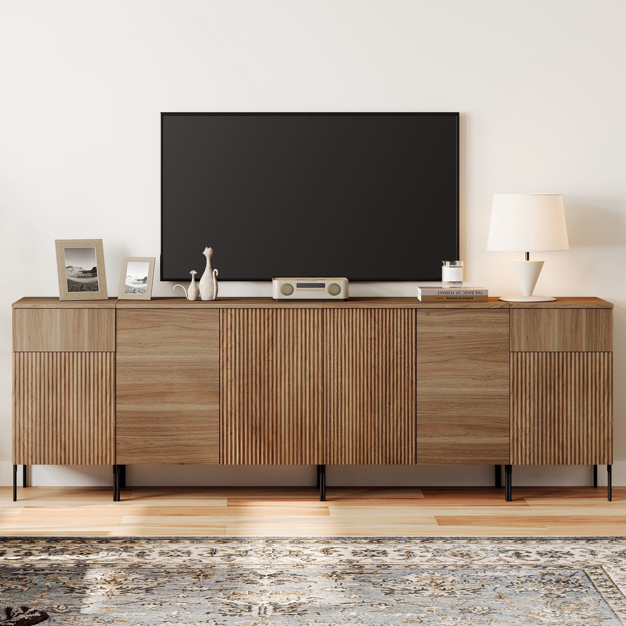94.5" Modern Reeded Dresser TV Stand for TVs up to 100 Inch, Entertainment Center with Charging Station, Wooden TV Console with Storage for Living Room