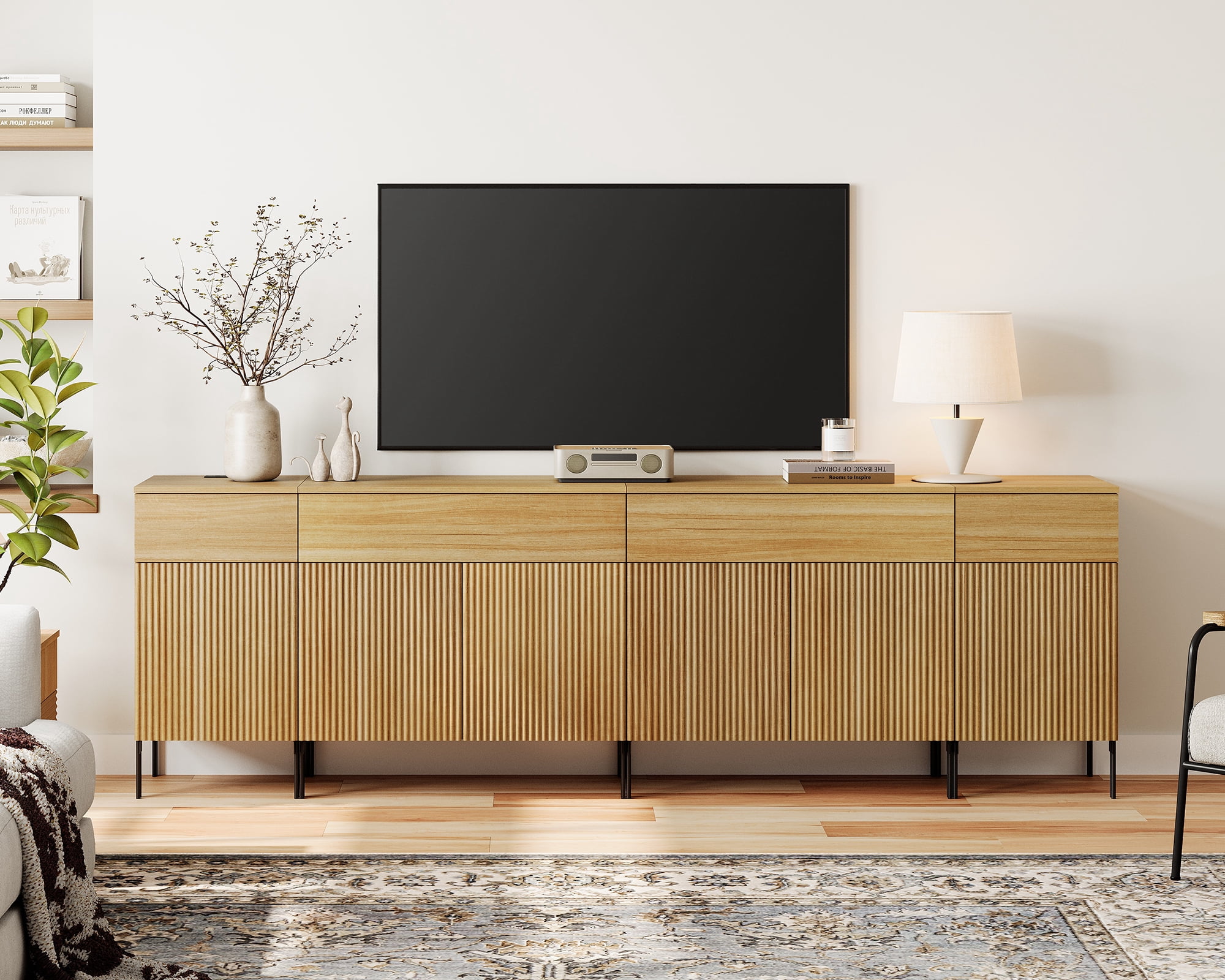 94.5" Modern Reeded Dresser TV Stand for TVs up to 100 Inch, Entertainment Center with Charging Station, Wooden TV Console with Storage for Living Room