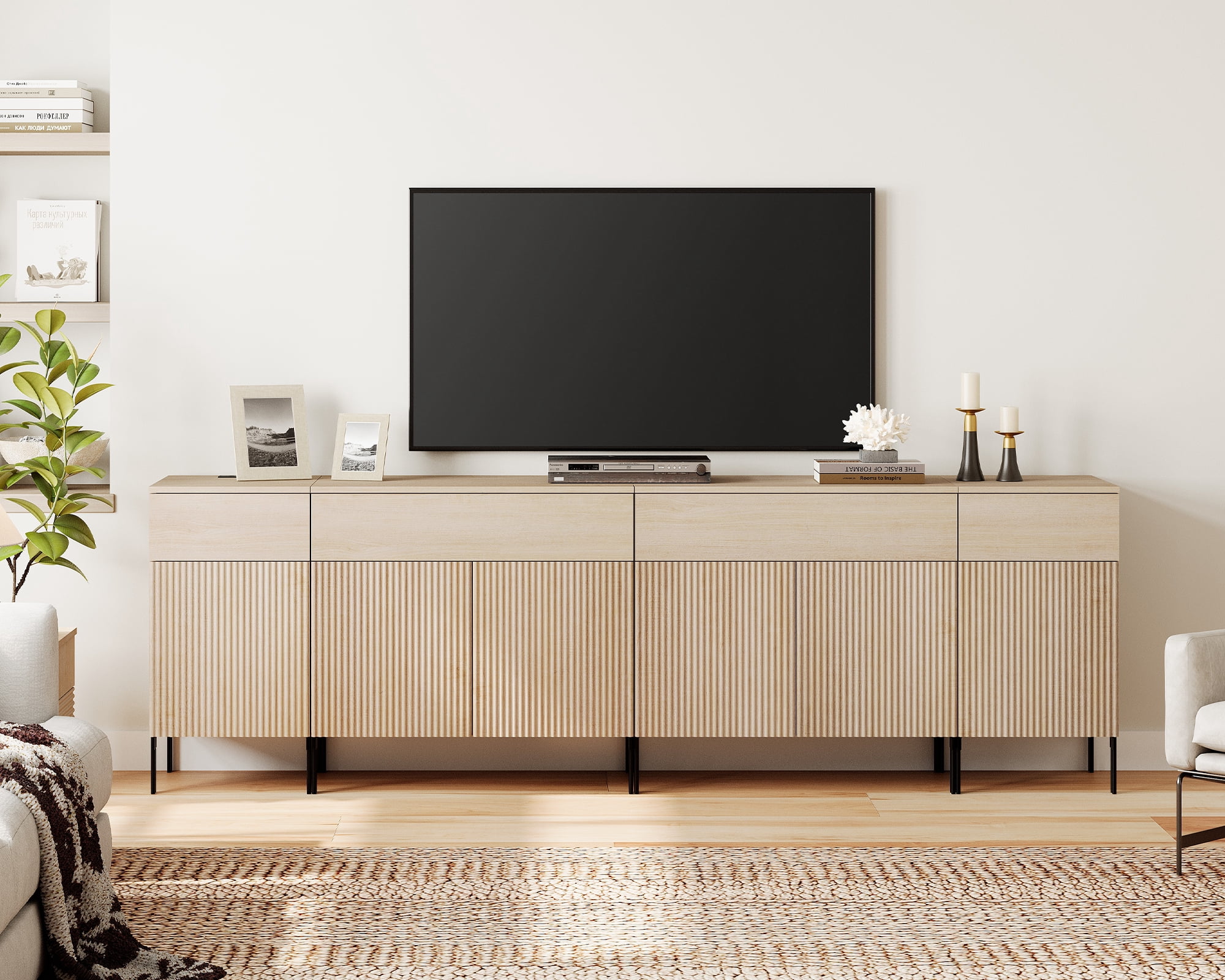 94.5" Modern Reeded Dresser TV Stand for TVs up to 100 Inch, Entertainment Center with Charging Station, Wooden TV Console with Storage for Living Room