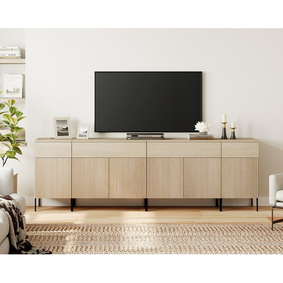 94.5" Modern Reeded Dresser TV Stand for TVs up to 100 Inch, Entertainment Center with Charging Station, Wooden TV Console with Storage for Living Room