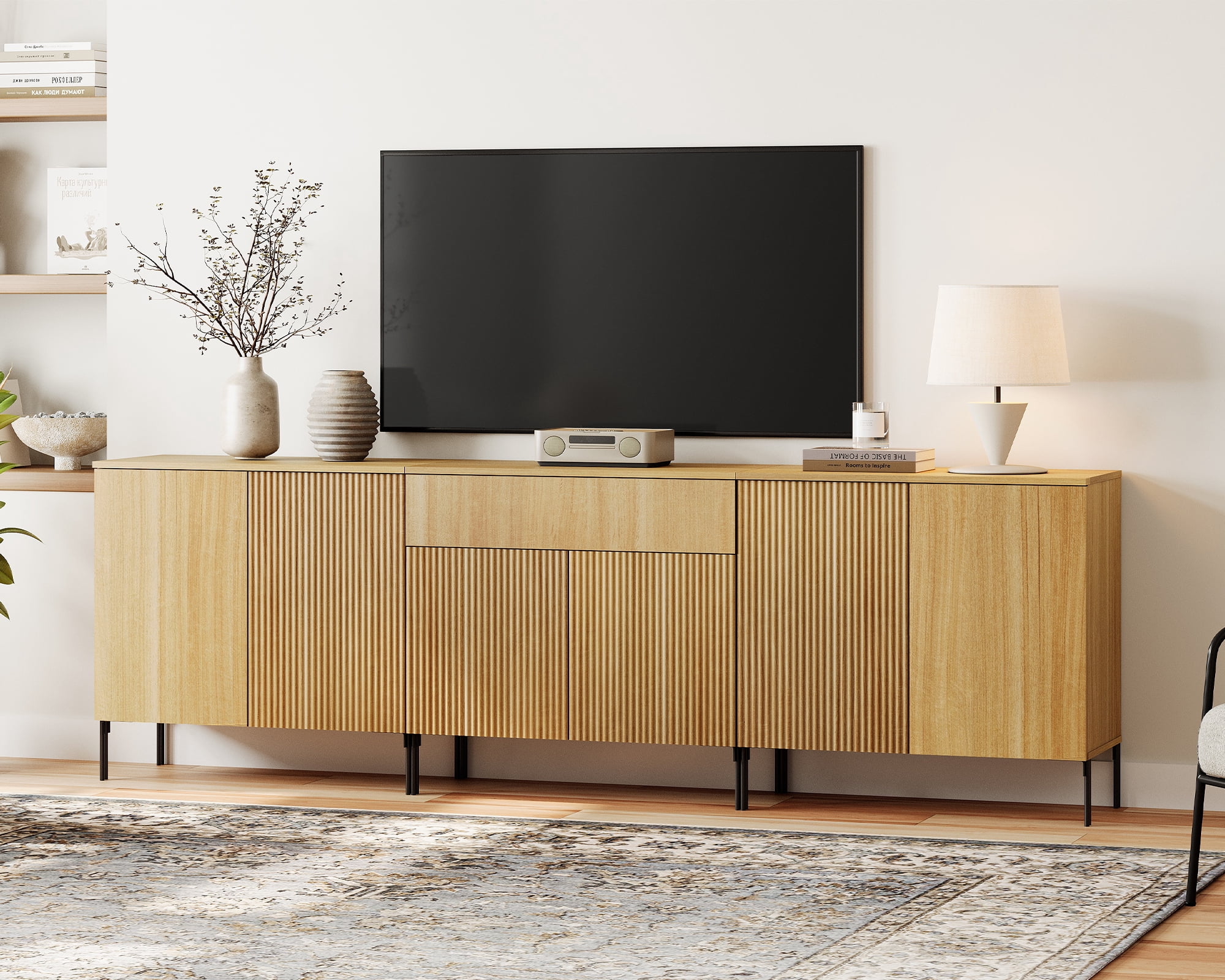 94.5" Modern Reeded Dresser TV Stand for TVs up to 100 Inch, Entertainment Center with Adjustable, Wooden TV Console with Storage for Living Room