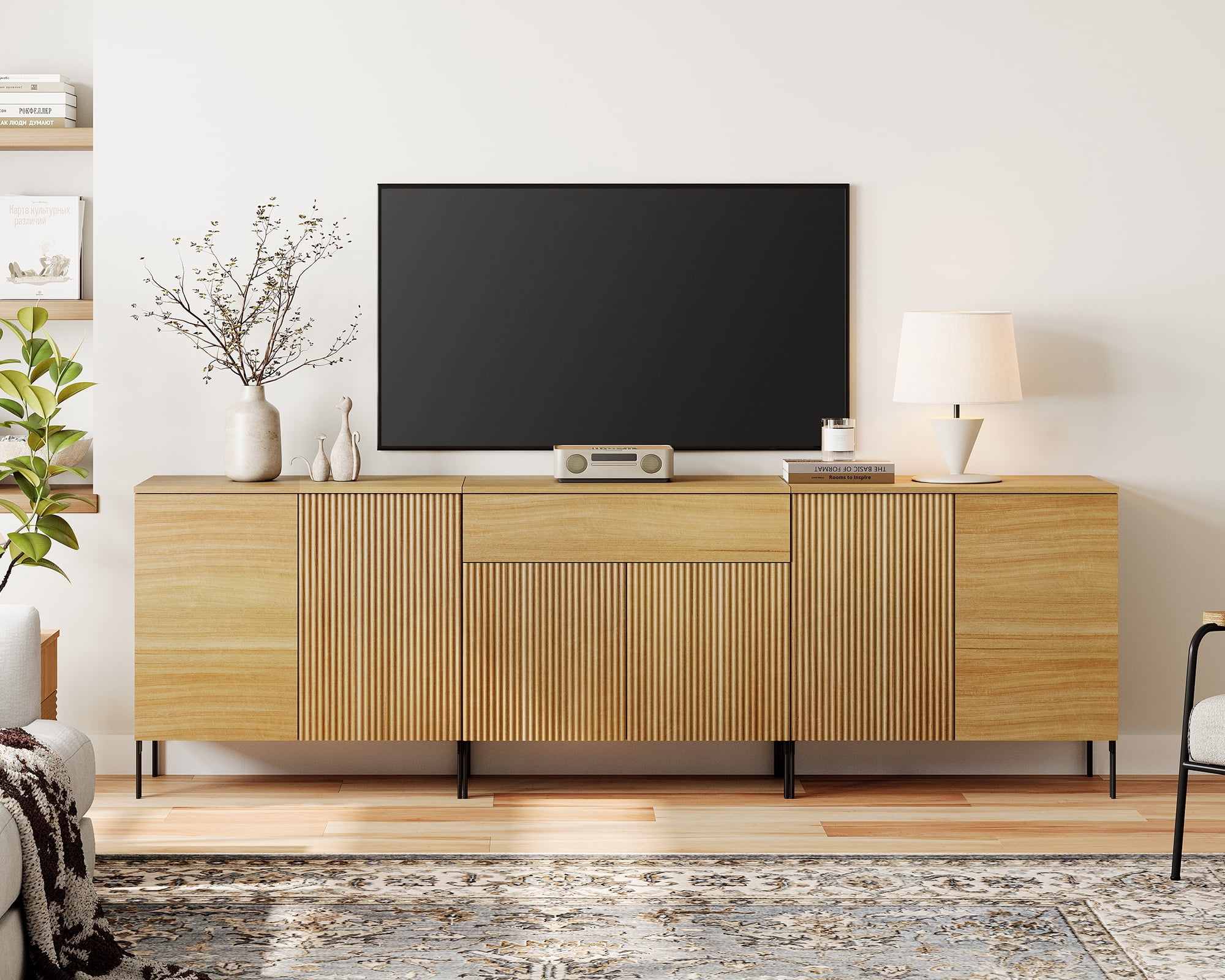 94.5" Modern Reeded Dresser TV Stand for TVs up to 100 Inch, Entertainment Center with Adjustable, Wooden TV Console with Storage for Living Room