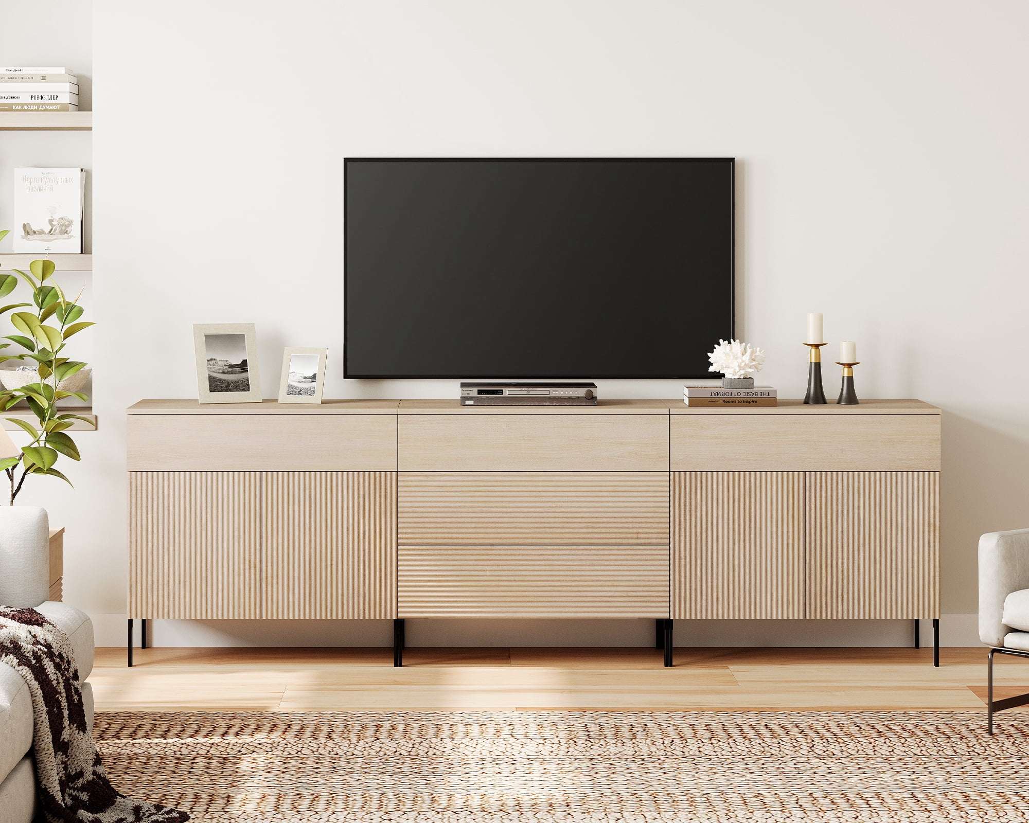 94.5" Modern Reeded Dresser TV Stand for TVs up to 100 Inch, Entertainment Center with Drawers, Wooden TV Console with Storage for Living Room
