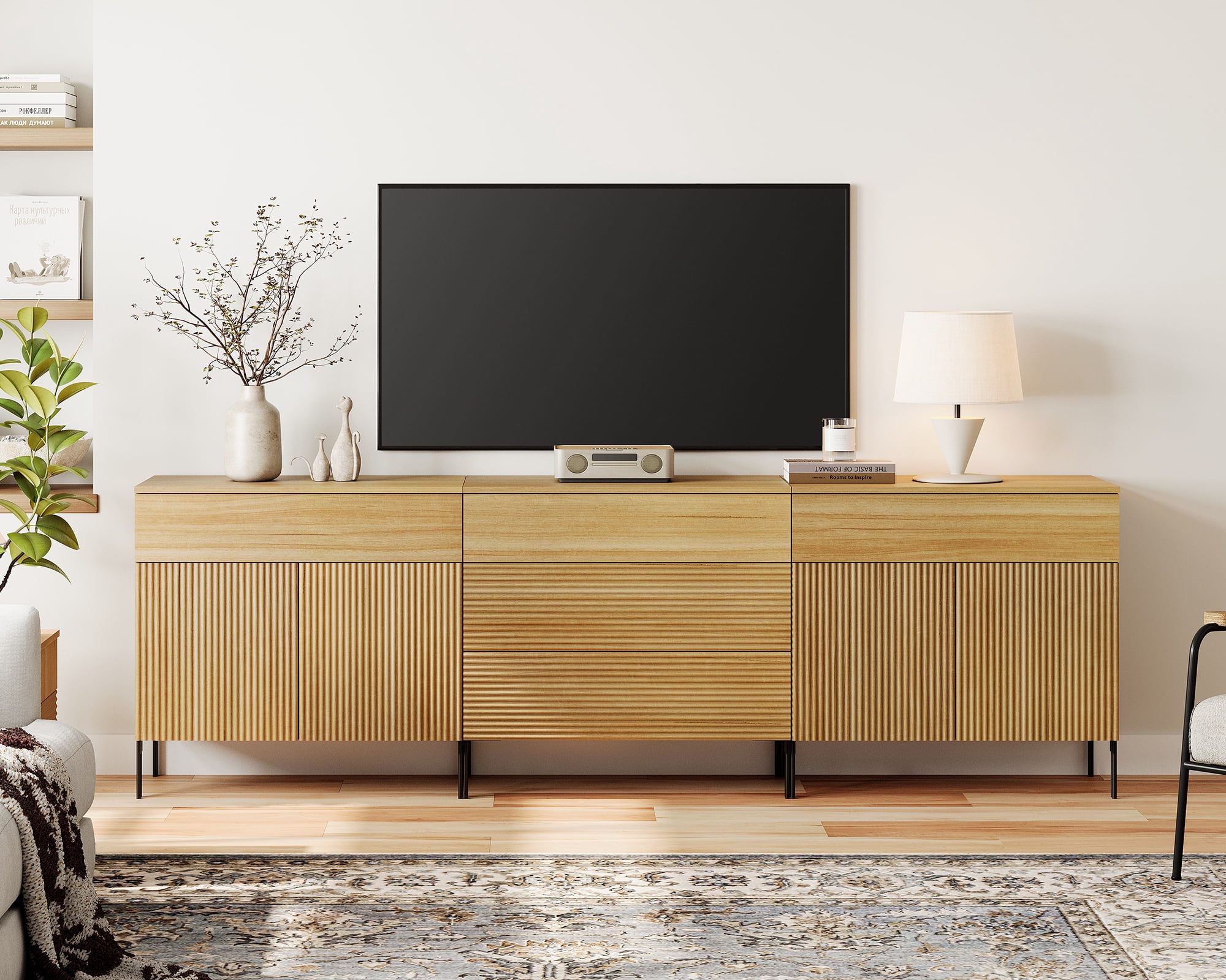 94.5" Modern Reeded Dresser TV Stand for TVs up to 100 Inch, Entertainment Center with Drawers, Wooden TV Console with Storage for Living Room