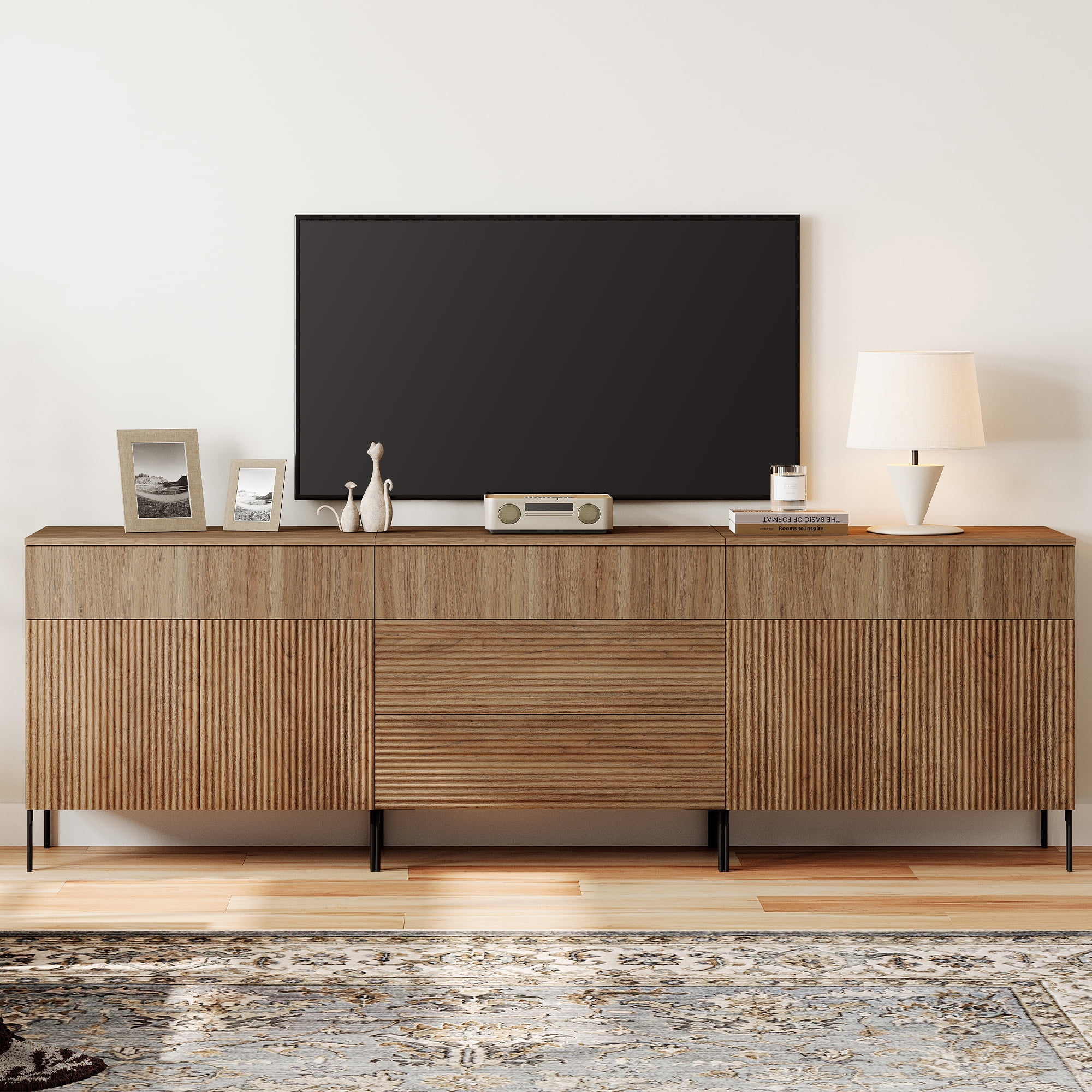 94.5" Modern Reeded Dresser TV Stand for TVs up to 100 Inch, Entertainment Center with Drawers, Wooden TV Console with Storage for Living Room