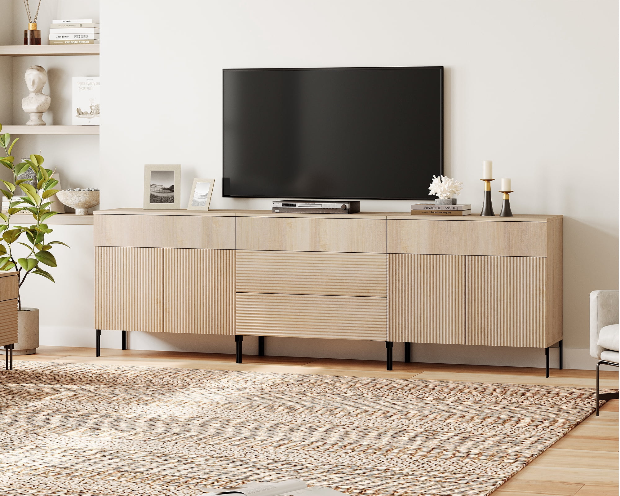 94.5" Modern Reeded Dresser TV Stand for TVs up to 100 Inch, Entertainment Center with Drawers, Wooden TV Console with Storage for Living Room