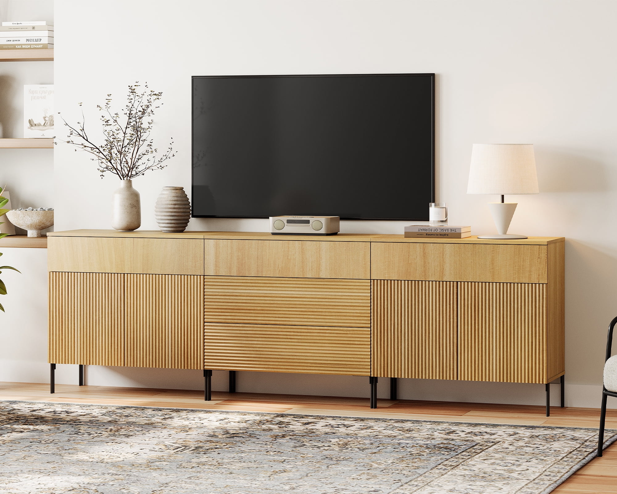 94.5" Modern Reeded Dresser TV Stand for TVs up to 100 Inch, Entertainment Center with Drawers, Wooden TV Console with Storage for Living Room