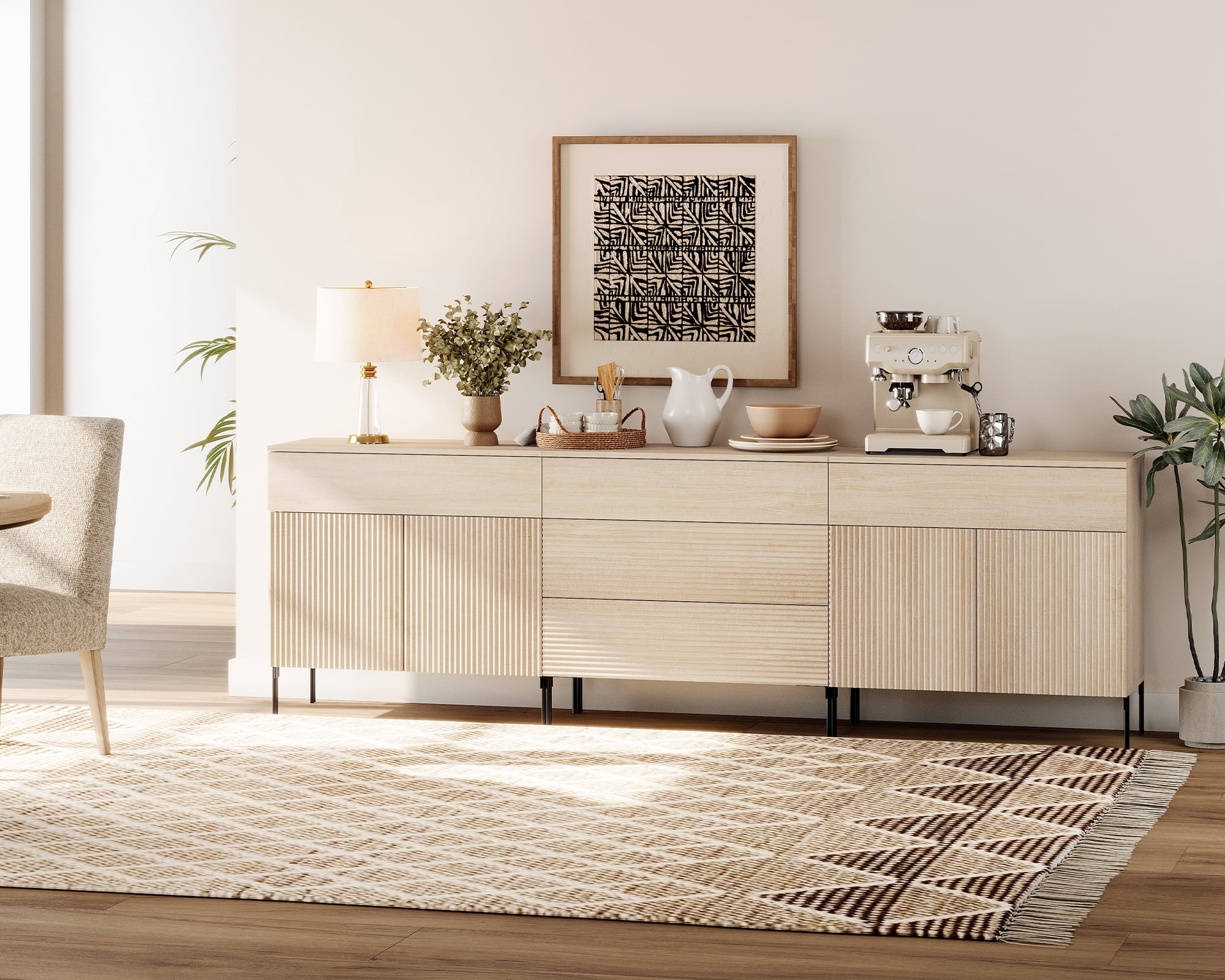 94.5" Modern Reeded Minimalist Sideboard with Doors and Drawers, 3-In-1 Wooden Credenza Storage Cabinet for Kitchen, Dining Room