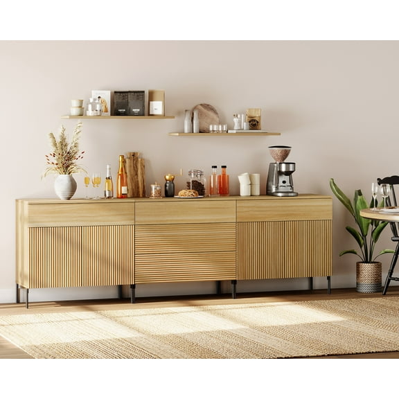 94.5" Modern Reeded Minimalist Sideboard with Doors and Drawers, 3-In-1 Wooden Credenza Storage Cabinet for Kitchen, Dining Room