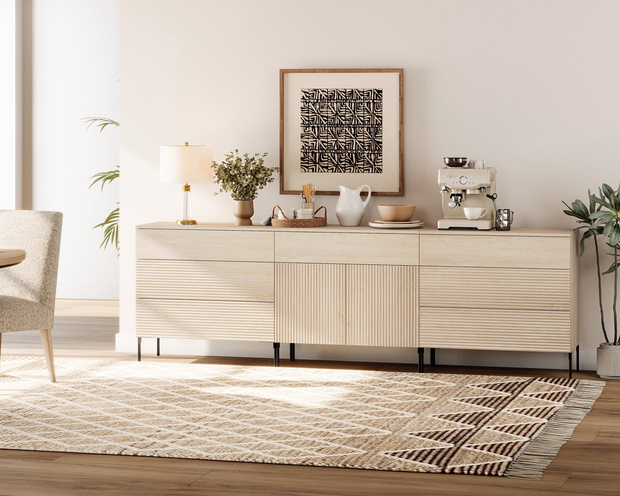 94.5" Modern Reeded Minimalist Sideboard with Drawers and Doors, 3-In-1 Wooden Credenza Storage Cabinet for Kitchen, Dining Room